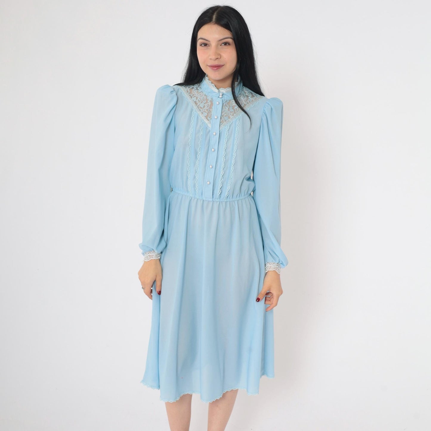 70s Baby Blue Midi Dress Pearl Button High Waist Puff Sleeve Lace Yoke Small