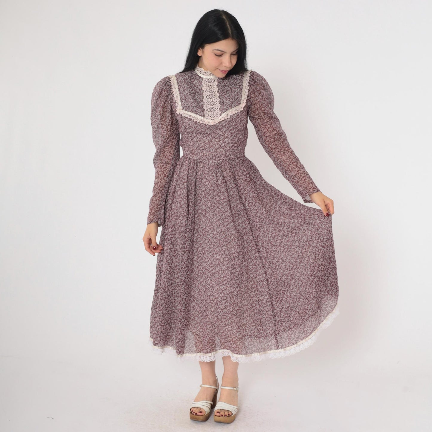 70s Gunne Sax Prairie Midi Dress Brown Floral Calico Lace Bib Puff Sleeve Extra Small