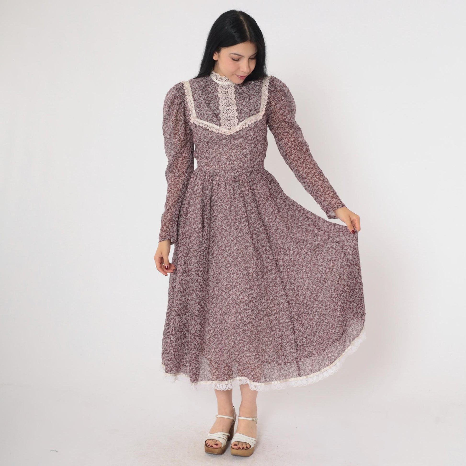 70s Gunne Sax Prairie Midi Dress Brown Floral Calico Lace Bib Puff Sleeve Extra Small