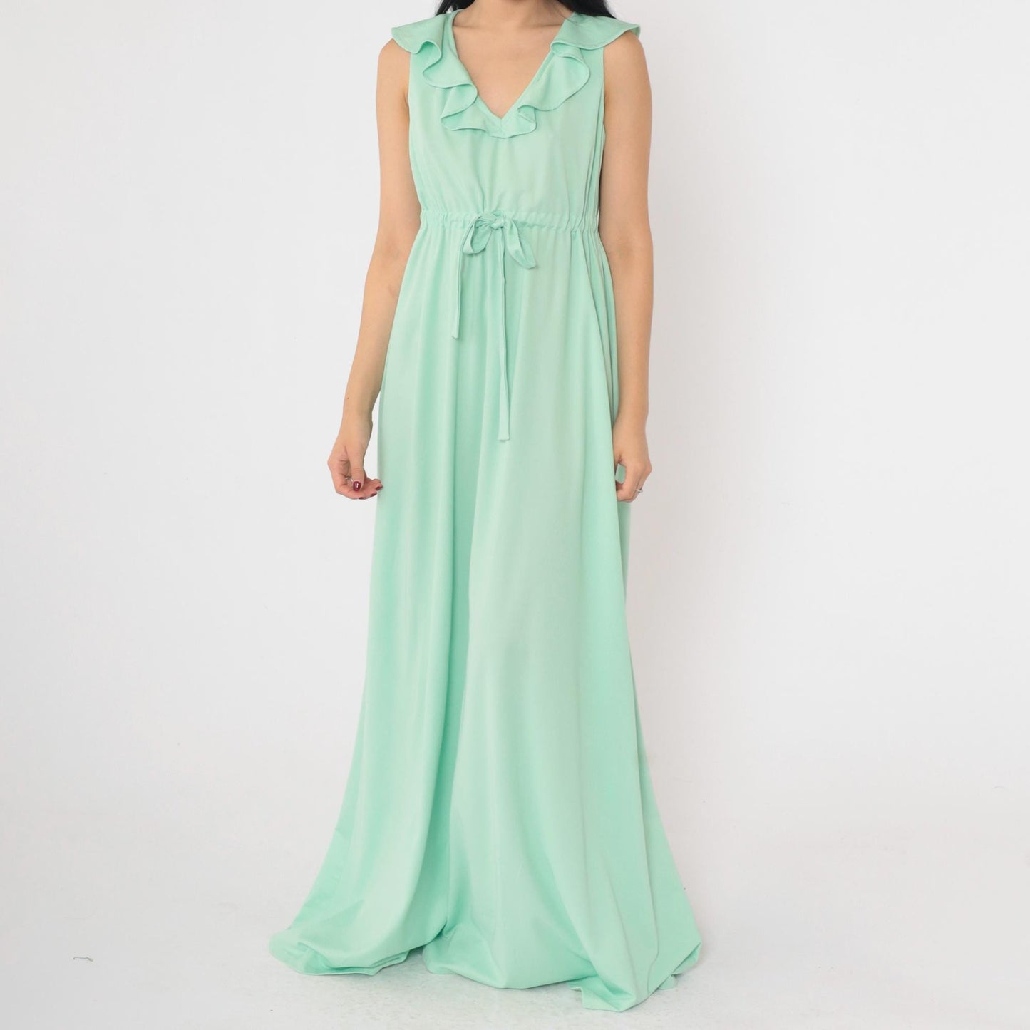 70s Mint Green Maxi Dress Ruffled V-Neck Sleeveless Drawstring Waist Medium