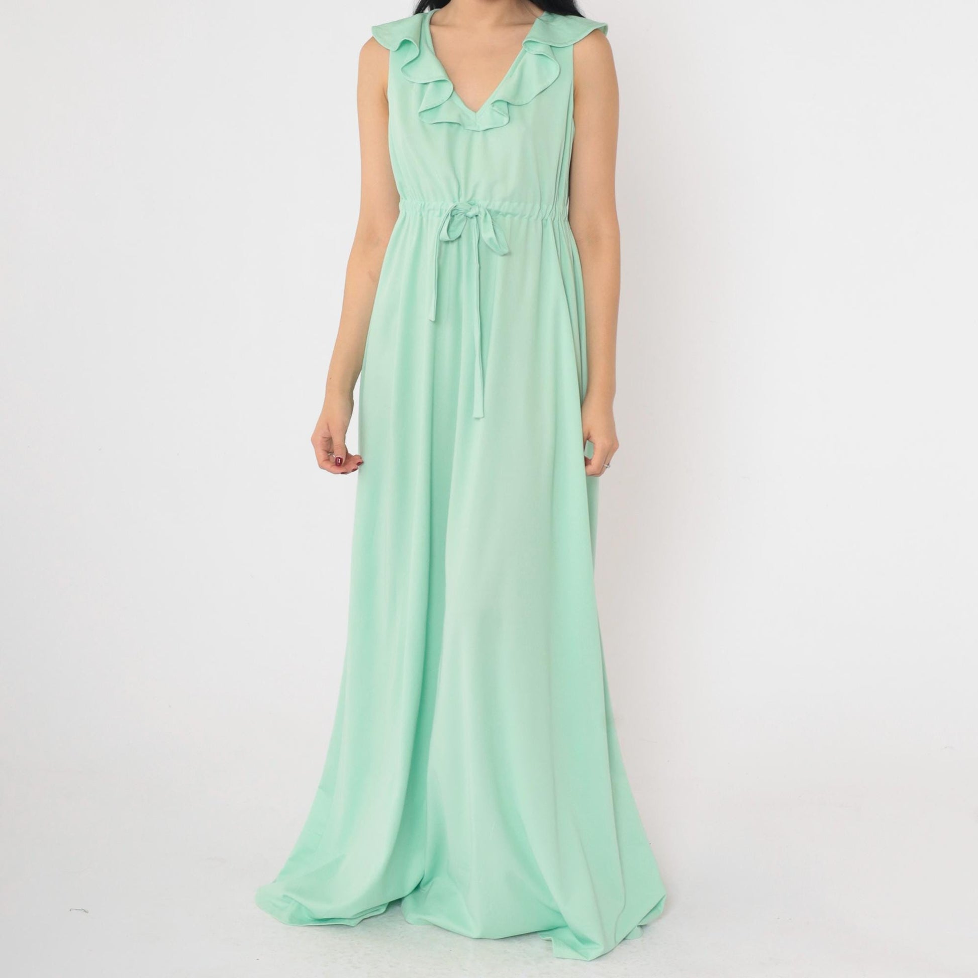 70s Mint Green Maxi Dress Ruffled V-Neck Sleeveless Drawstring Waist Medium