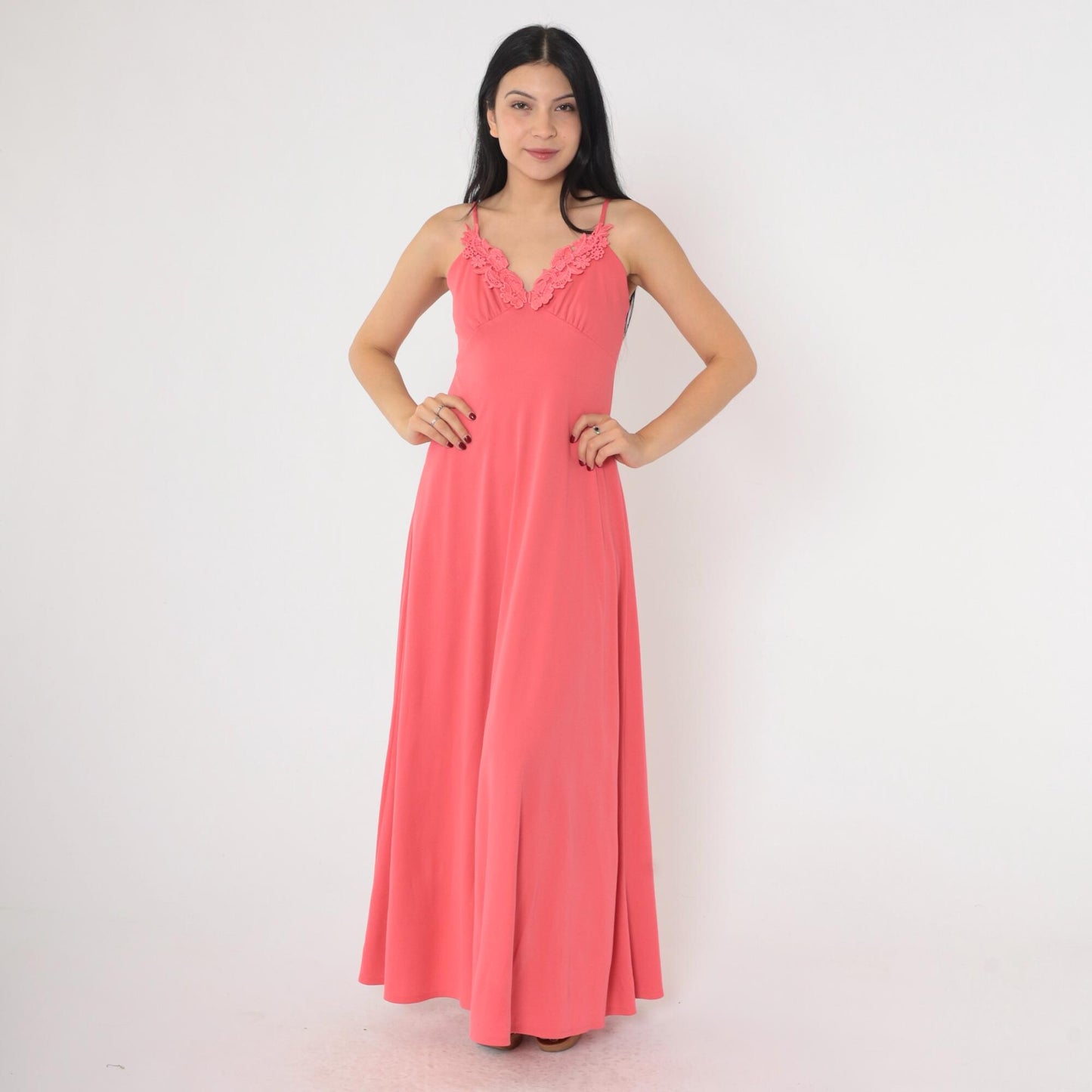 70s Coral Pink Grecian Maxi Dress Empire Waist Floral Lace Spaghetti Strap Extra Small