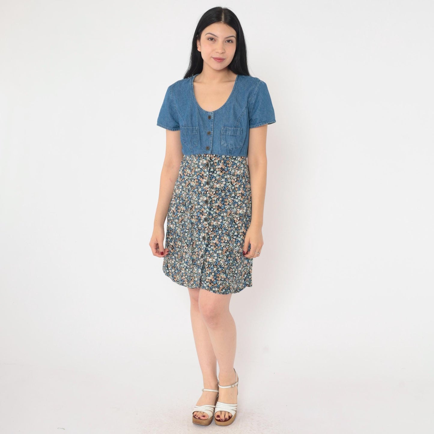 90s All That Jazz Floral Denim Mini Dress High Waist Button Up Blue Medium