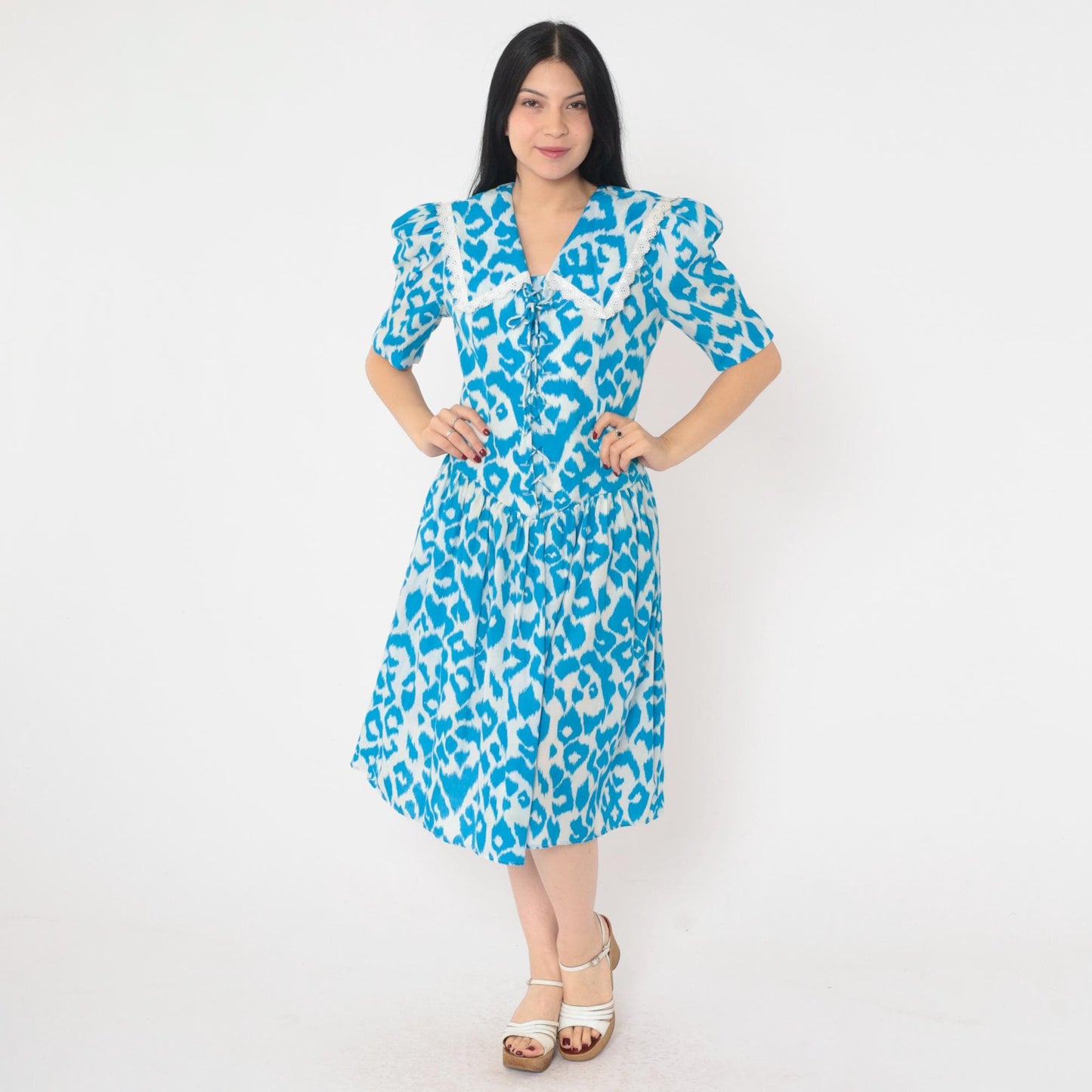 80s Blue Leopard Print Fit and Flare Midi Dress Sailor Collar Puff Sleeve Medium