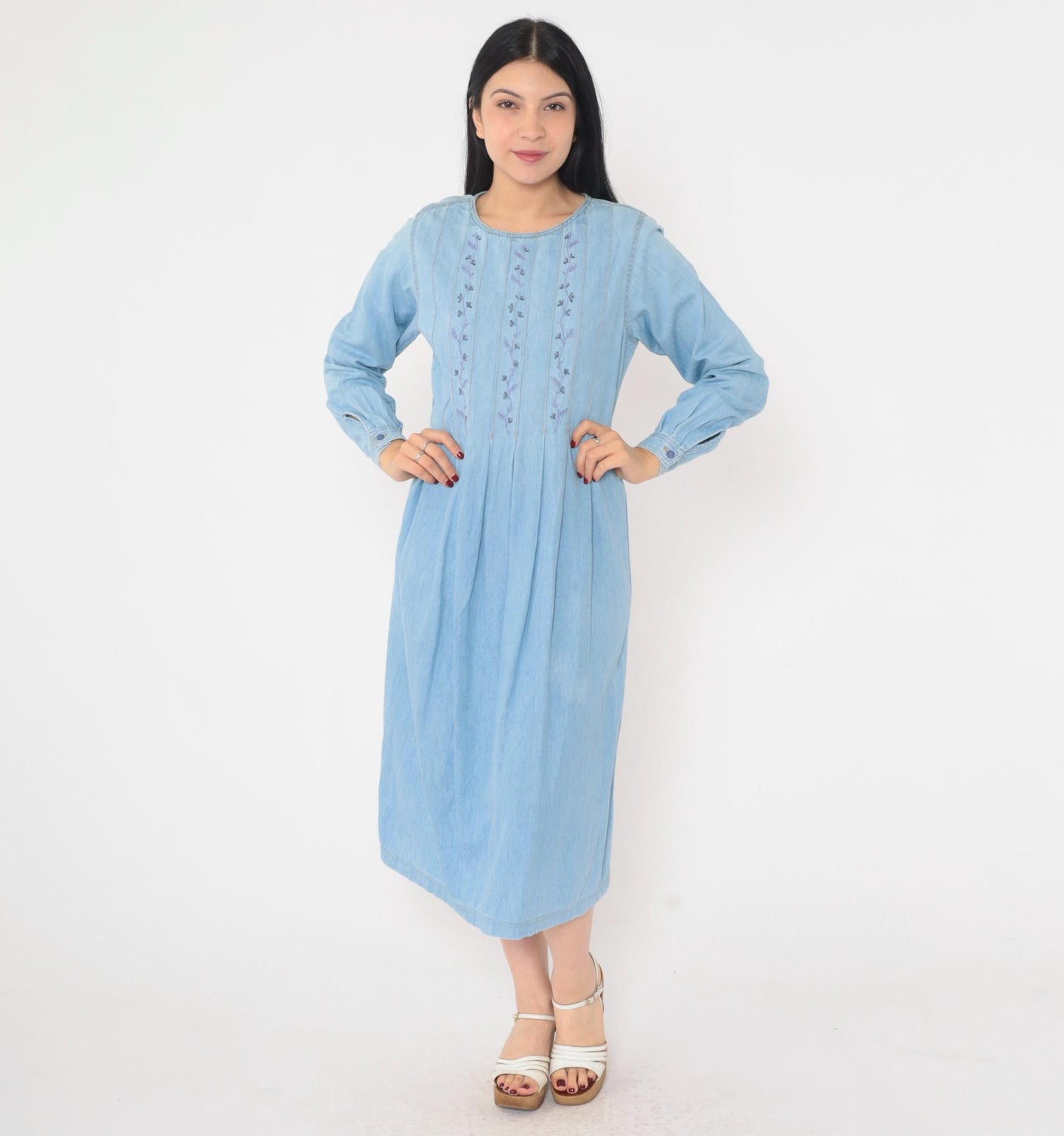 90s Lizwear Floral Embroidered Denim Midi Dress High Waist Pleated Small