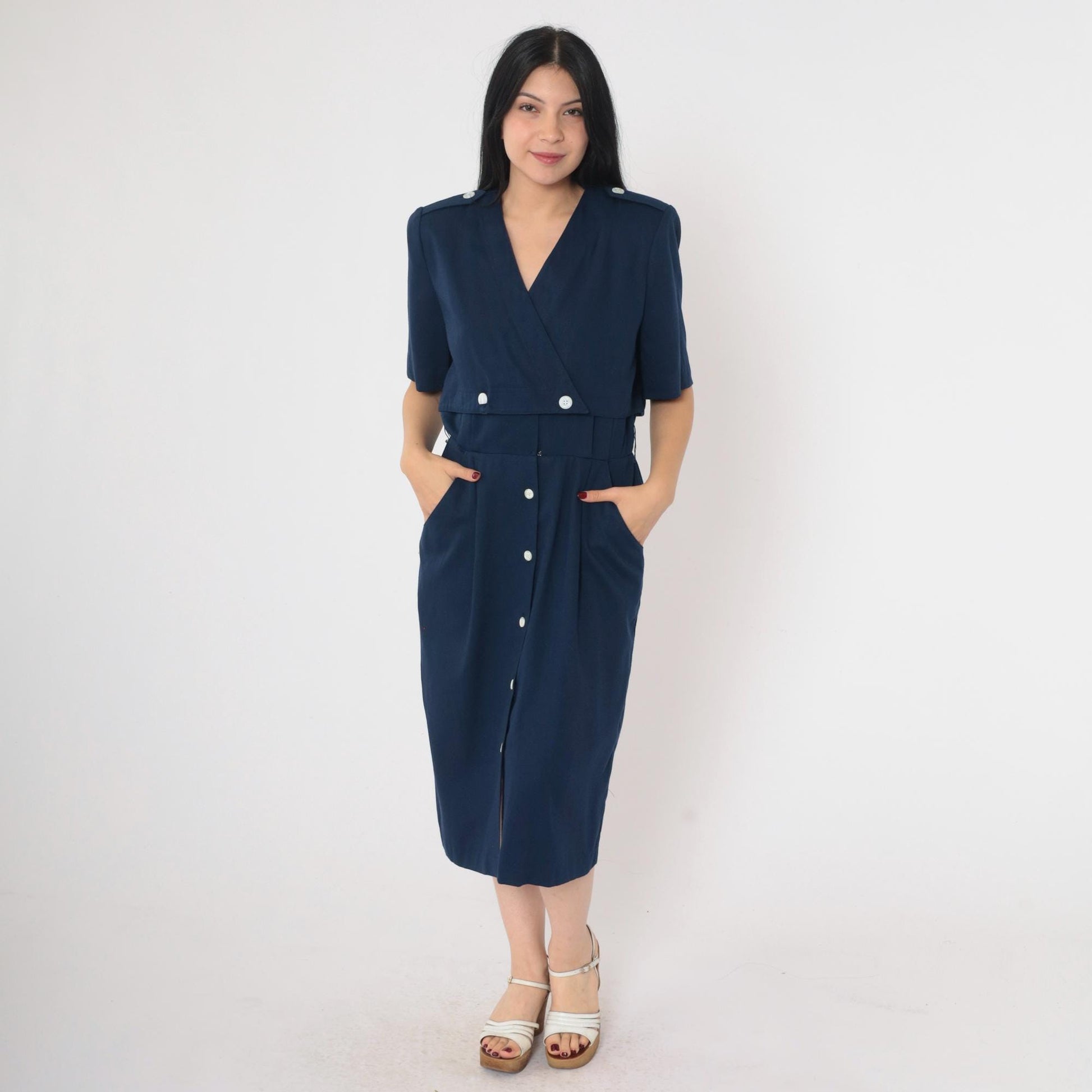 90s Navy Midi Shirt Dress High Waist Epaulette Button Up Medium