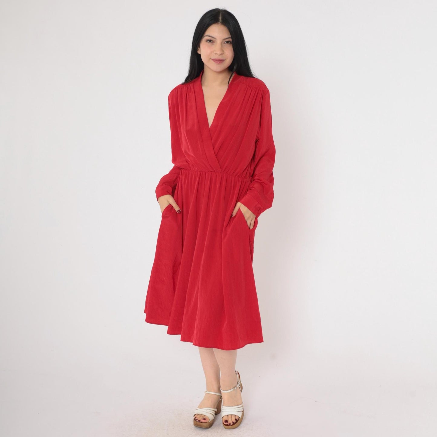 90s Red Wrap Midi Dress Deep V Neck High Waist Long Sleeve Medium