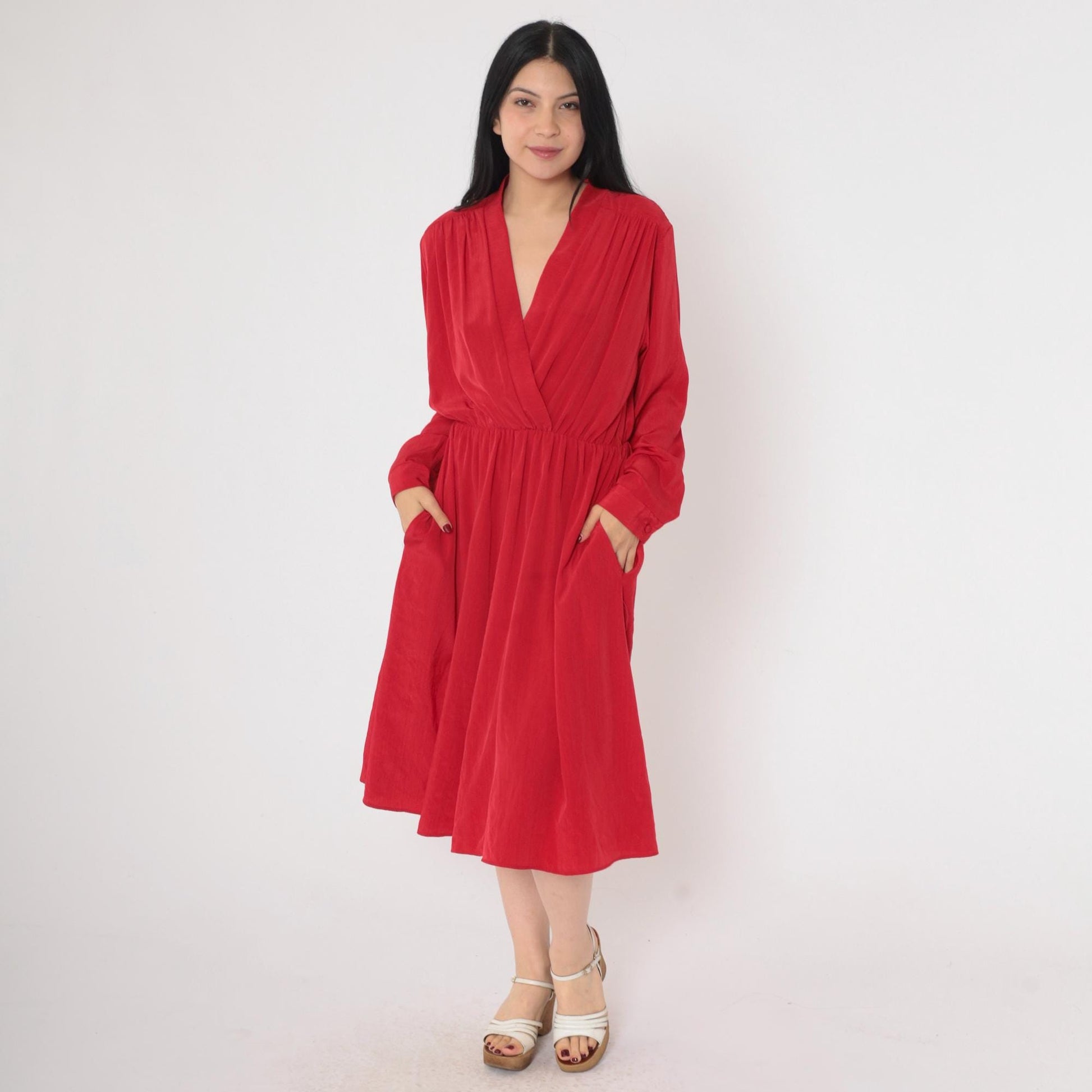 90s Red Wrap Midi Dress Deep V Neck High Waist Long Sleeve Medium