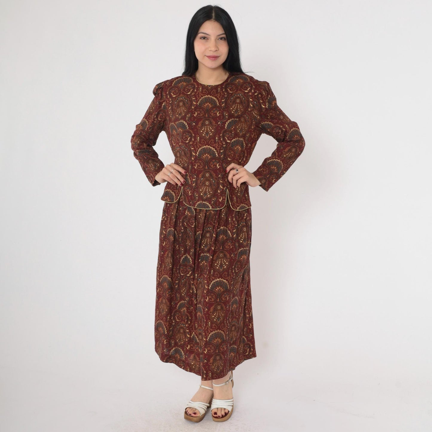 90s Maroon Paisley Midi Dress Gold Trim Puff Sleeve Button Back Medium