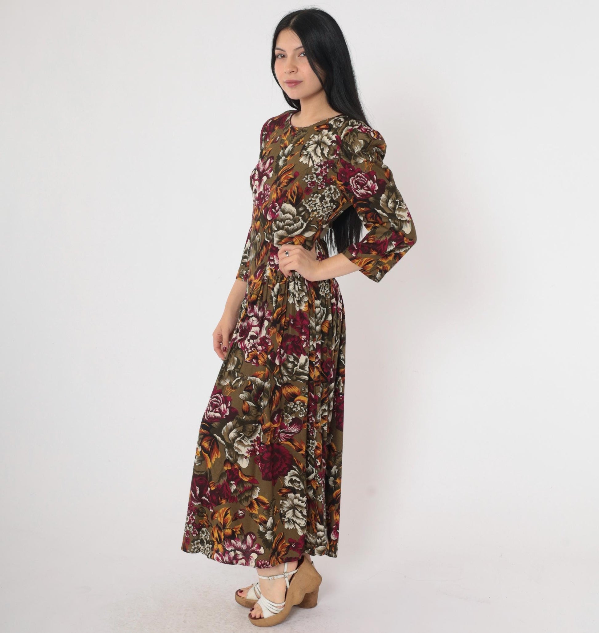 90s Olive Brown Floral Dress Puff Sleeve Basque Waist Ankle Length Medium