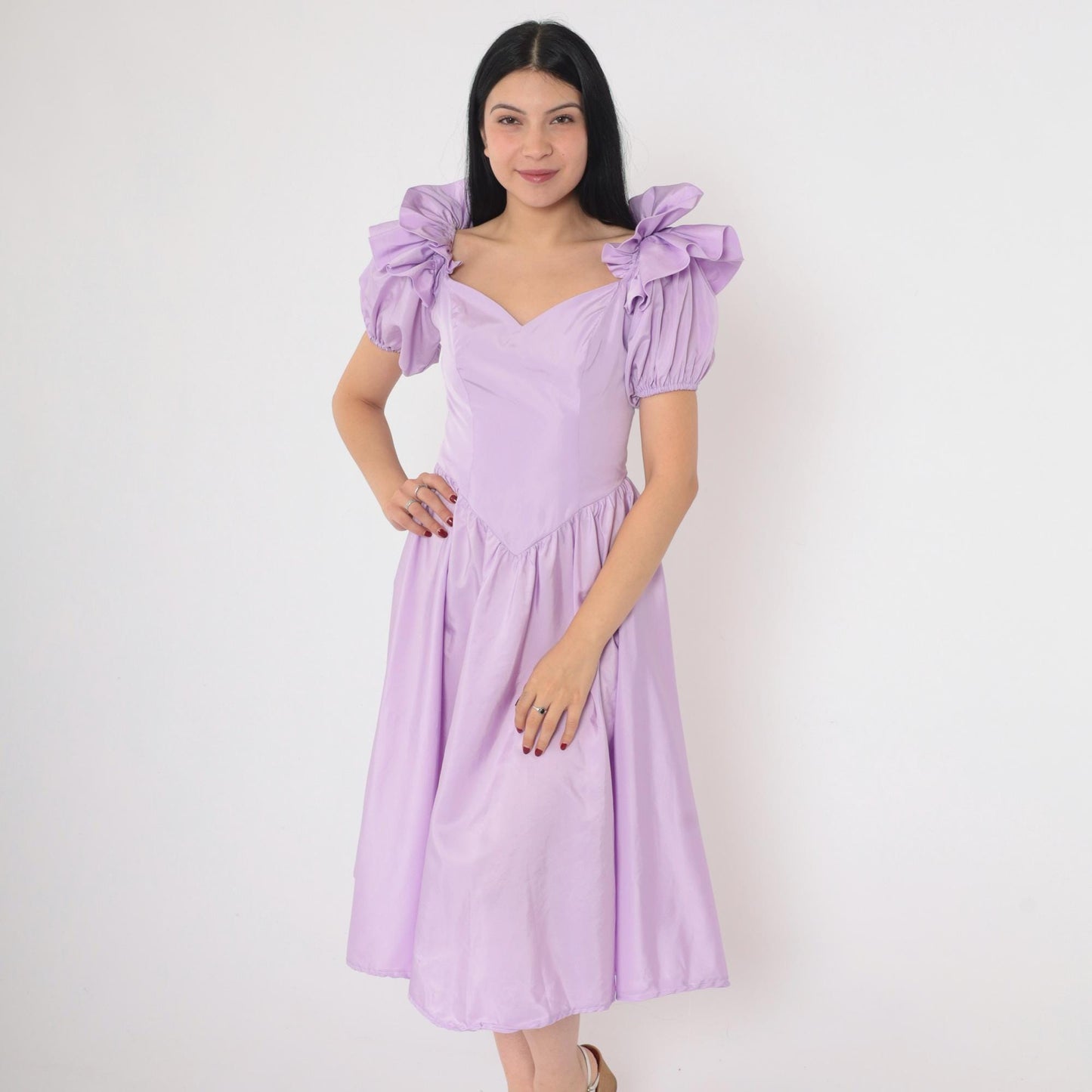 80s Lavender Puff Sleeve Ball Gown Sweetheart Neckline Basque Waist Small