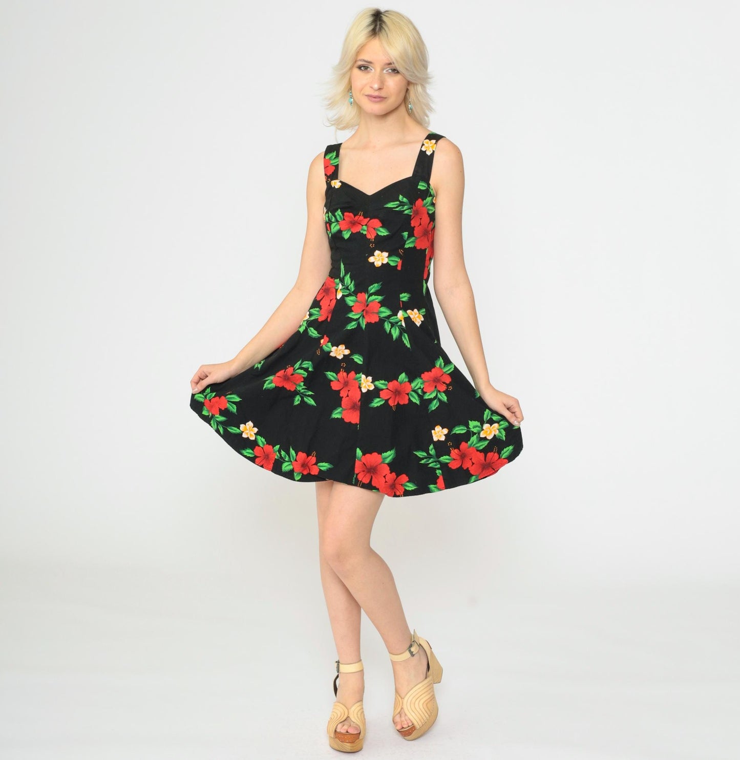 90s Hawaiian Floral Mini Dress Black Sweetheart Smocked Sundress Small S