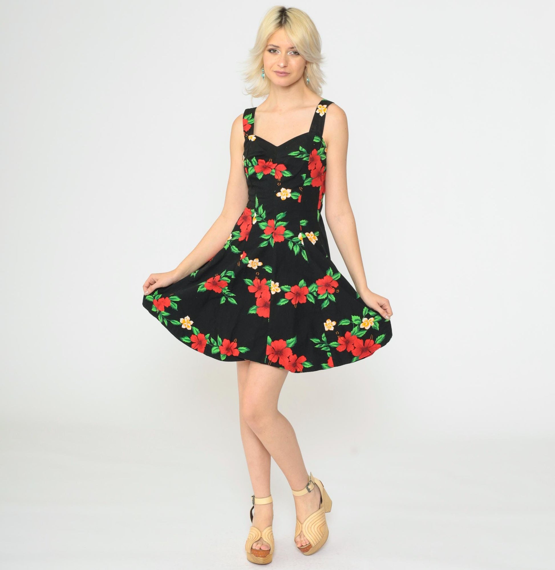90s Hawaiian Floral Mini Dress Black Sweetheart Smocked Sundress Small S