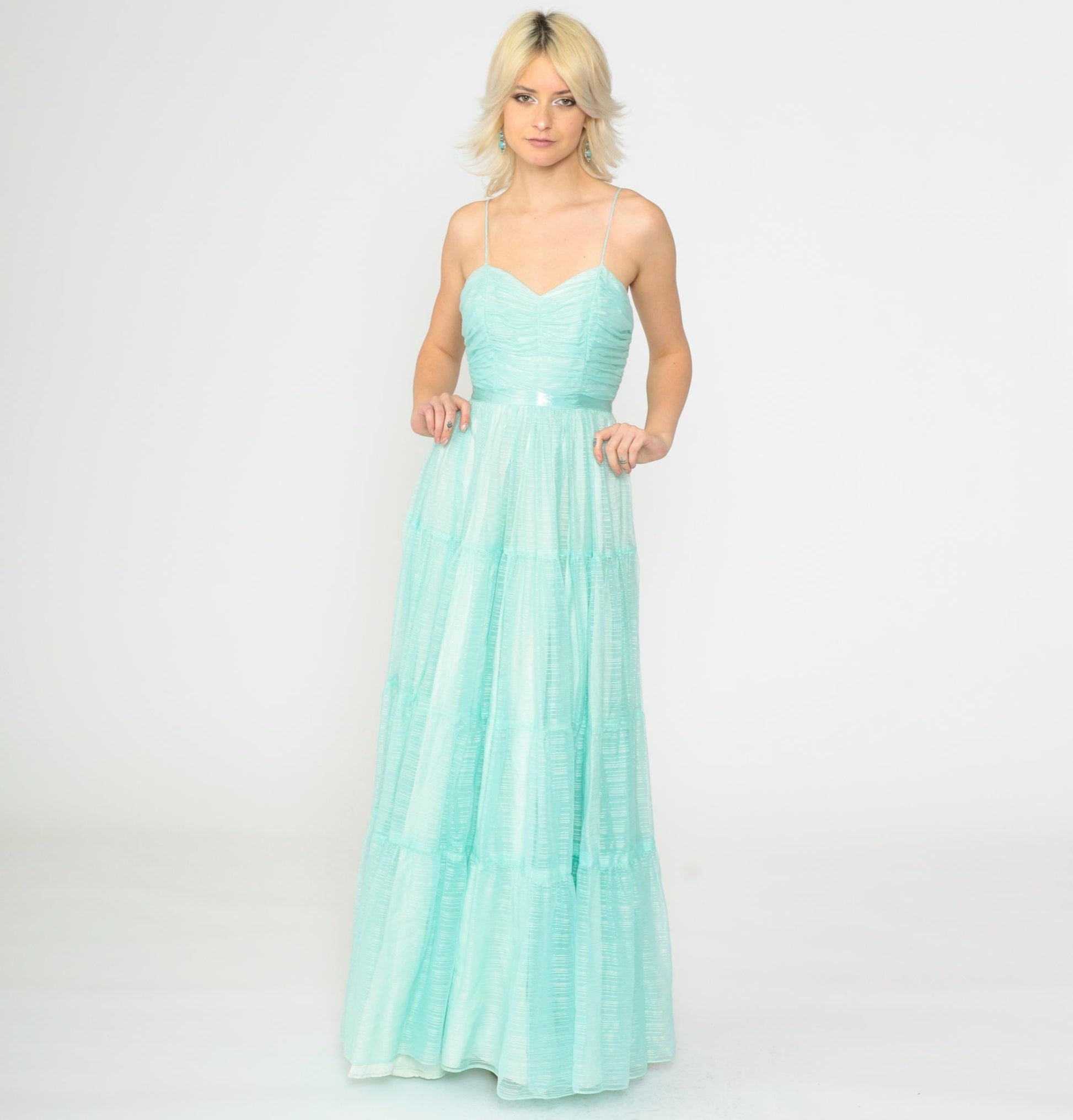70s Aqua Maxi Dress Spaghetti Strap High Waist Floor Length Extra Small