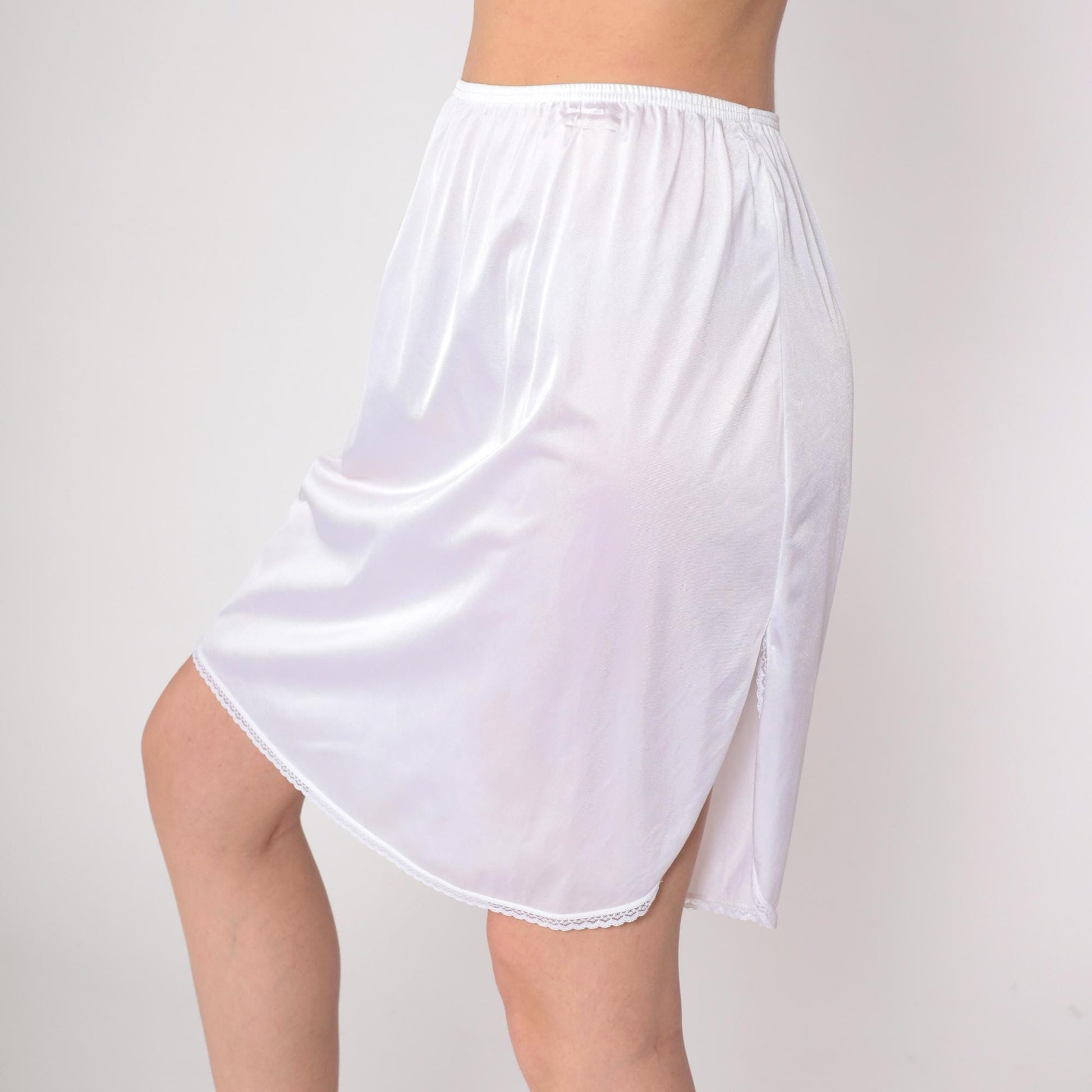 80s Vanity Fair White Nylon Slip Skirt Mini Lace Trim Medium