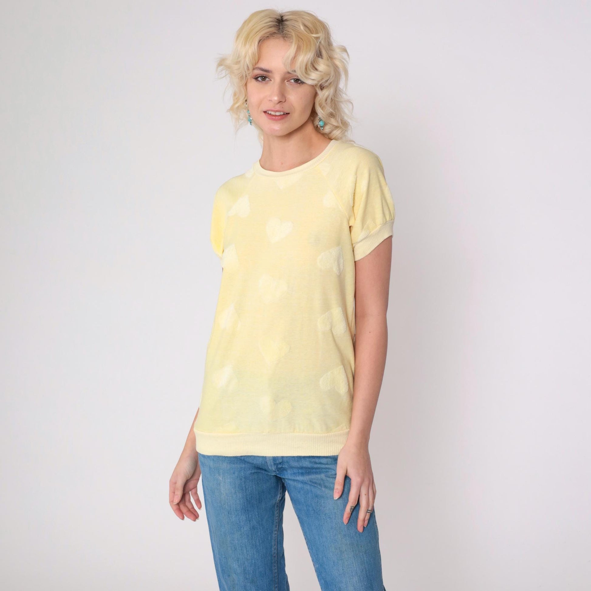 80s Terry Cloth Heart Shirt Light Yellow Raglan Crewneck XS