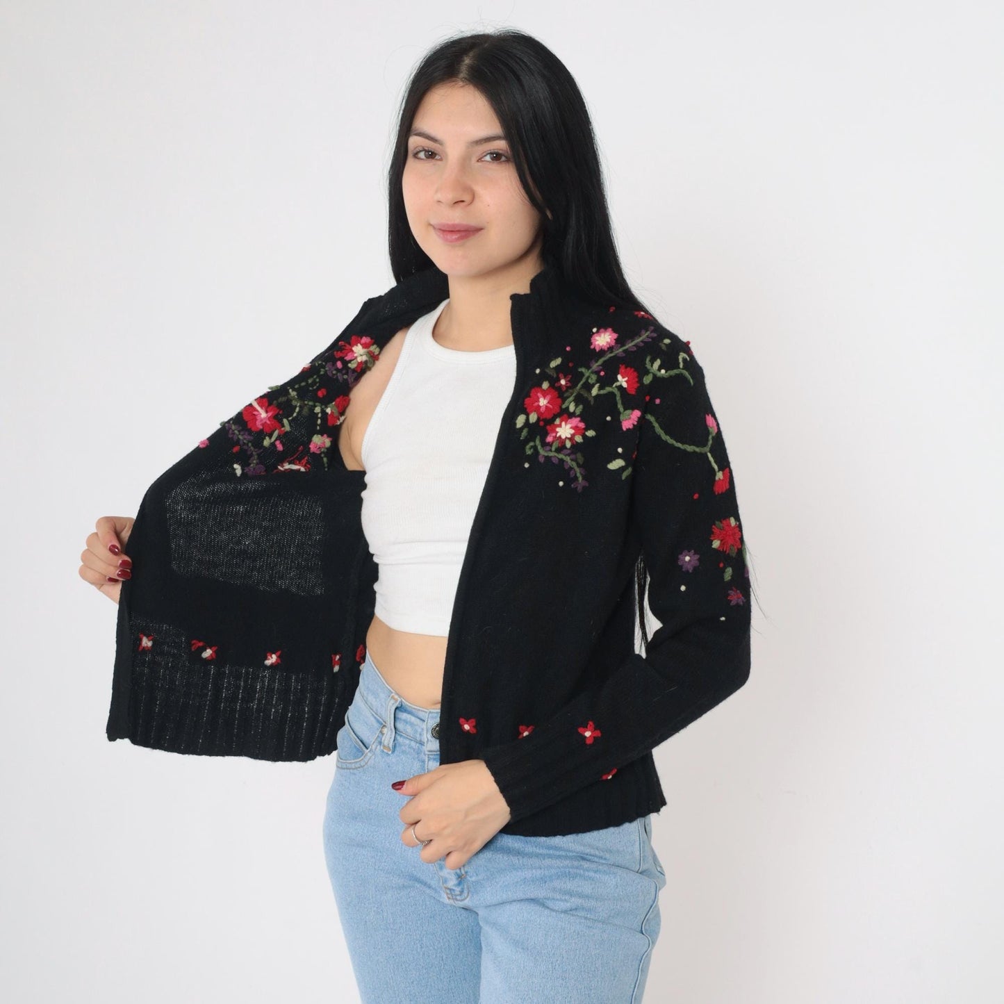 Y2K Talbots Floral Embroidered Cardigan Black Lambswool Mock Neck Zip Small