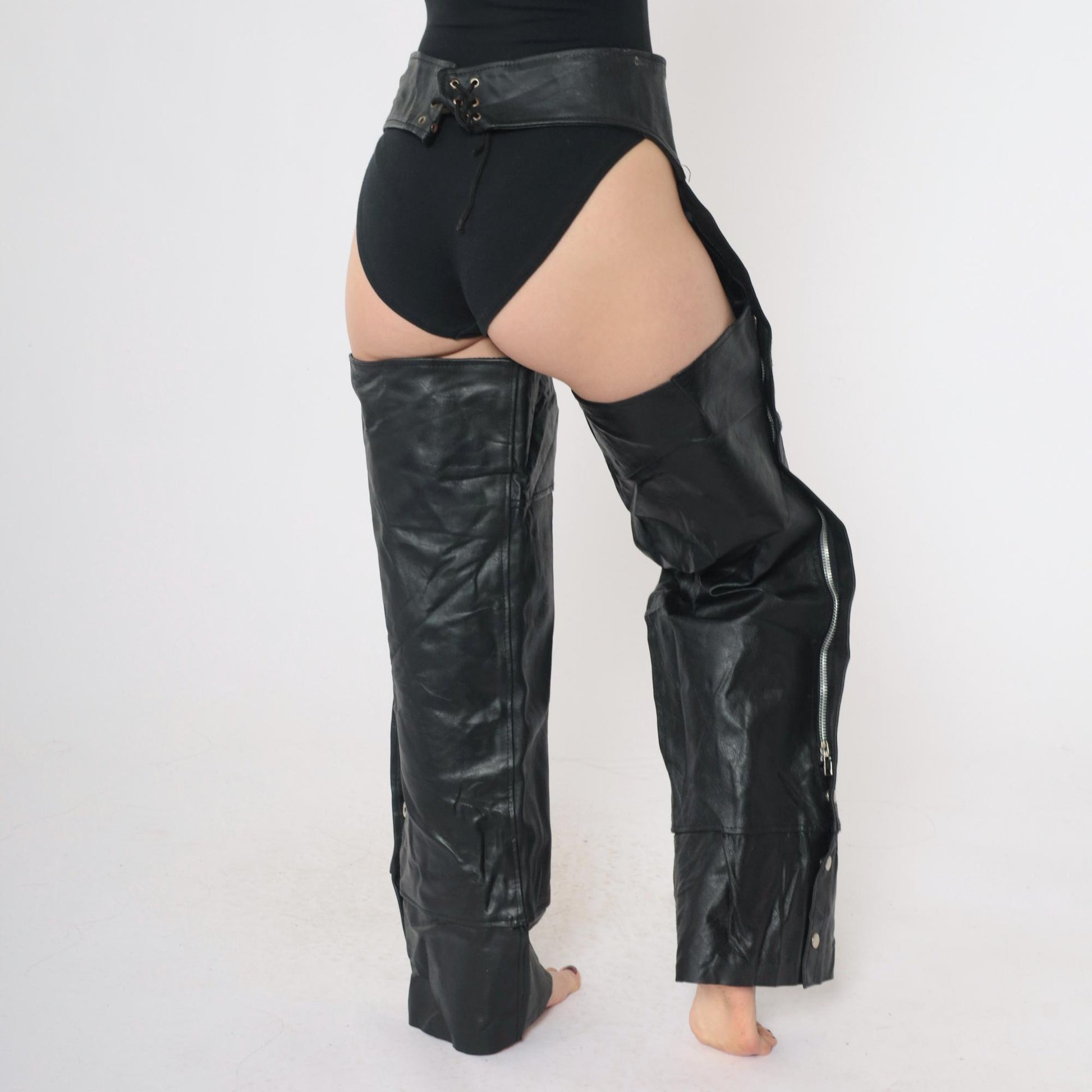 90s Black Leather Assless Chaps Motorcycle Buckle Zippers Small S
