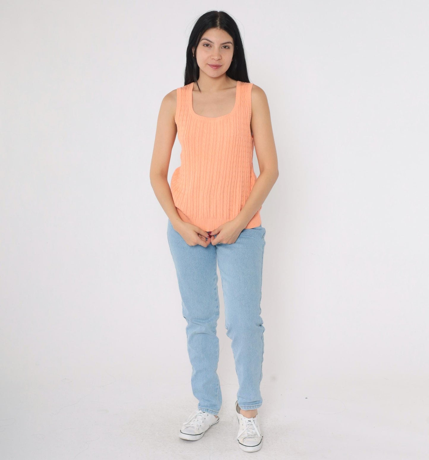 90s Cable Knit Vest Peach Scoop Neck Sleeveless Pullover Small