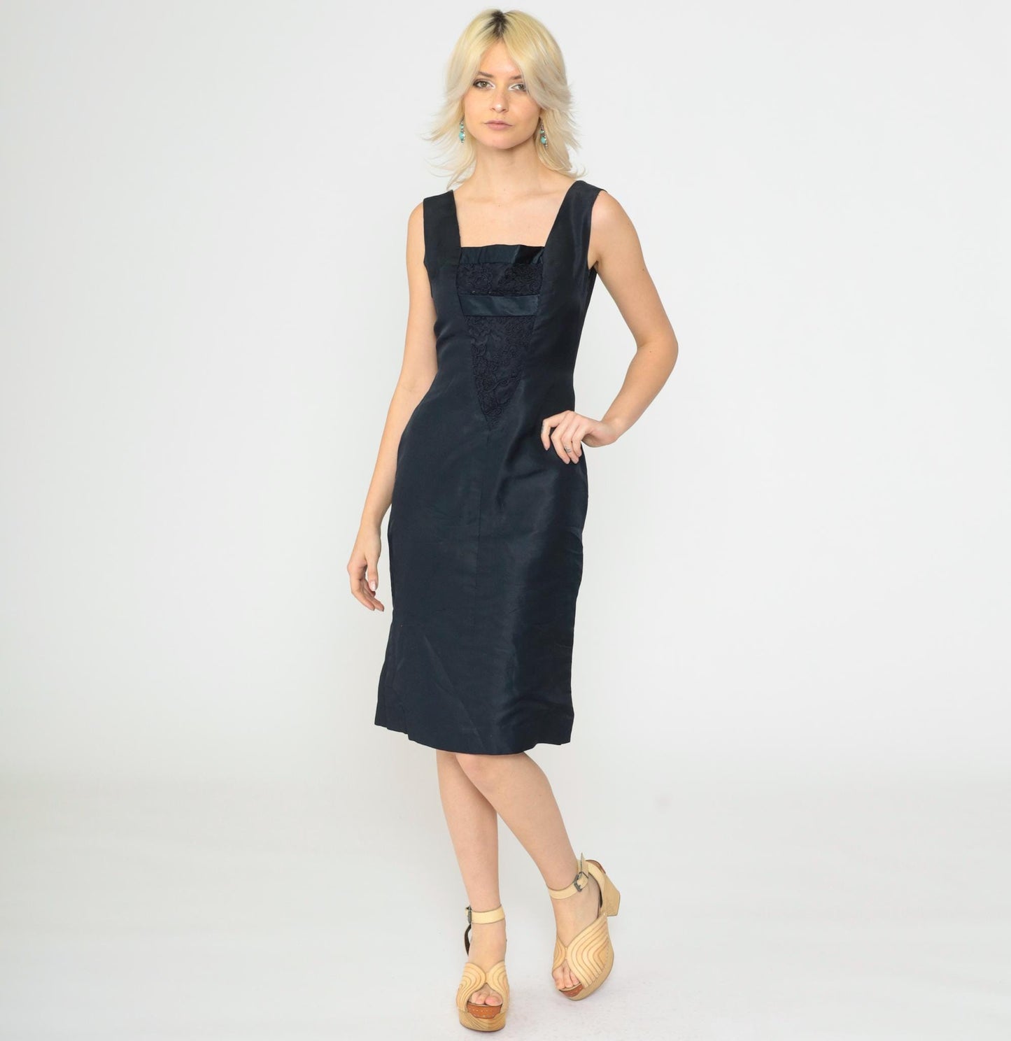 1950s Navy Cocktail Dress Soutache Lace Square Neckline Bow Back Knee-Length Extra Small