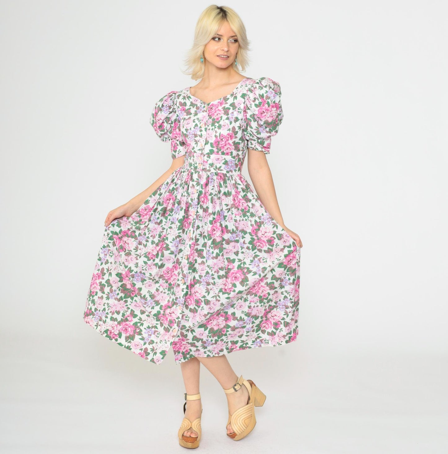 80s Act I Floral Puff Sleeve Midi Dress Criss-Cross Keyhole Back White Pink Extra Small