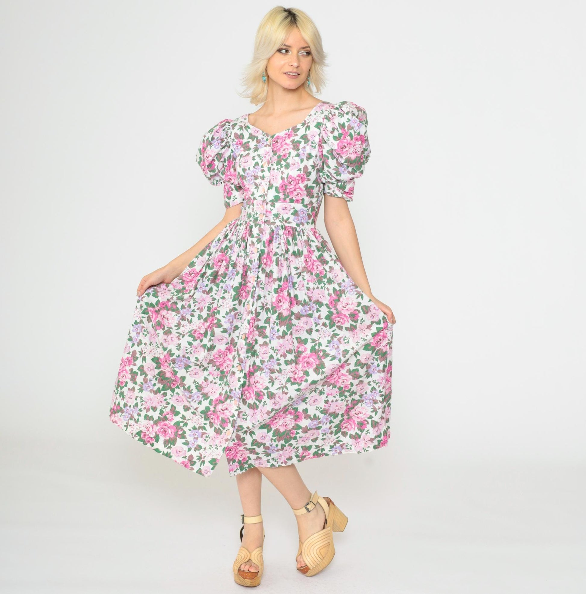 80s Act I Floral Puff Sleeve Midi Dress Criss-Cross Keyhole Back White Pink Extra Small