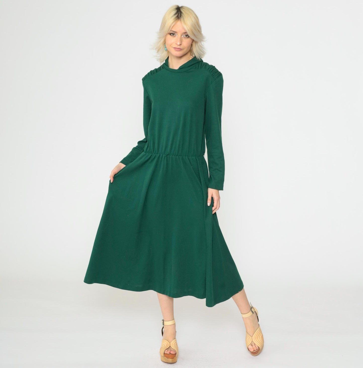 80s Green Midi Dress Mock Neck Long Sleeve Elastic Waist Medium