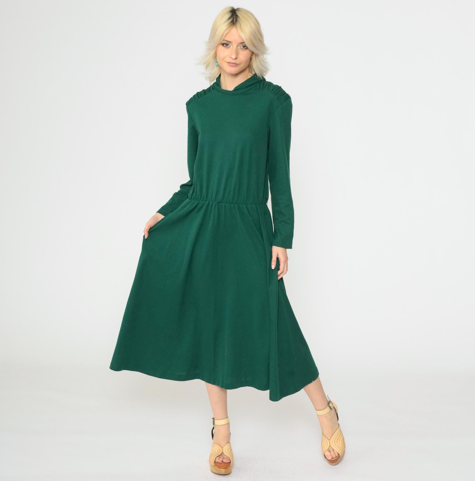 80s Green Midi Dress Mock Neck Long Sleeve Elastic Waist Medium