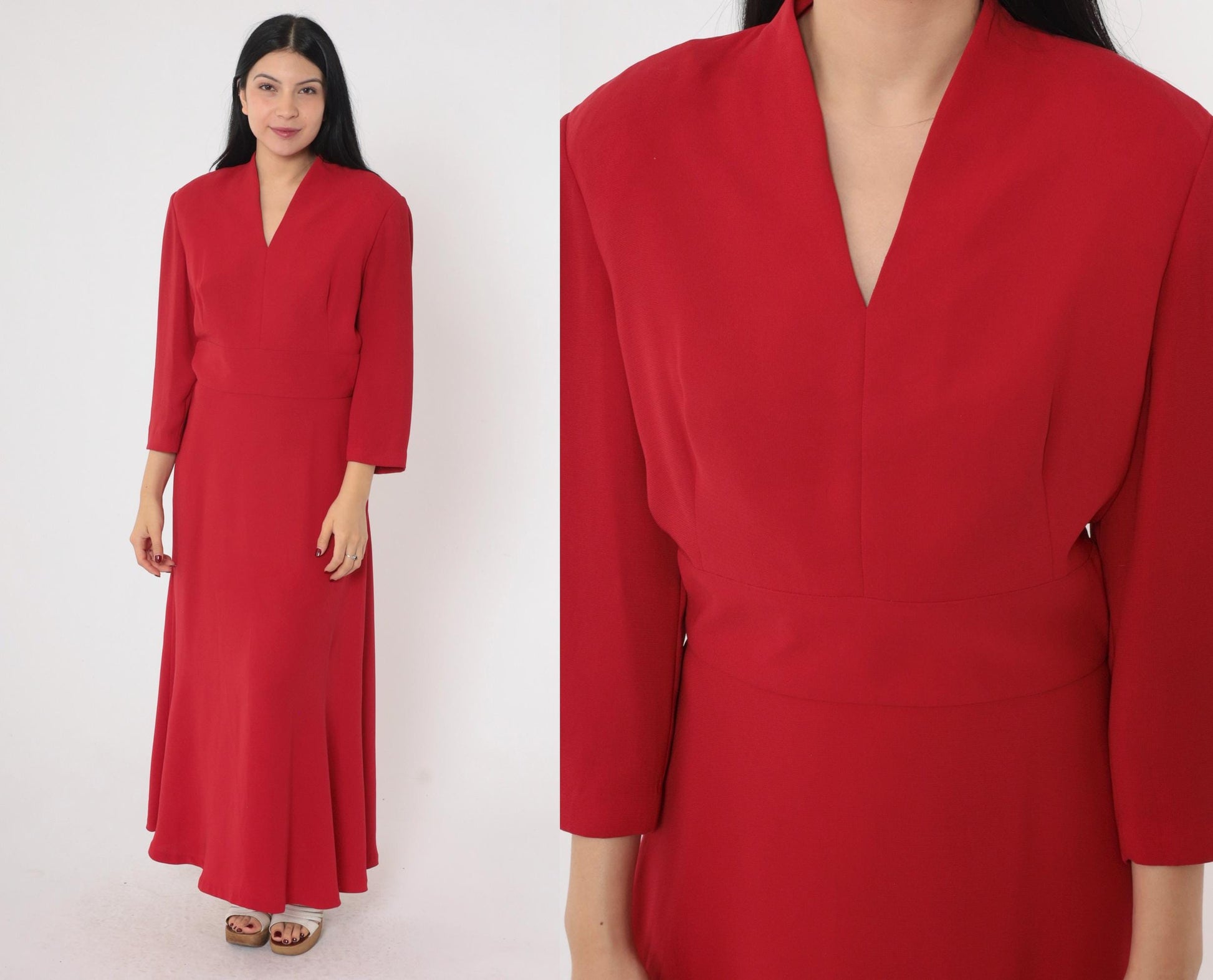 90s Donna Morgan Red Maxi Dress V-Neck High Waist Long Sleeve Small