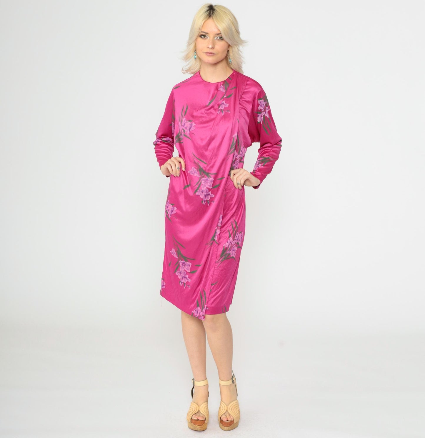 70s Floral Shift Dress Bright Pink Tropical Print Long Sleeve Midi Medium
