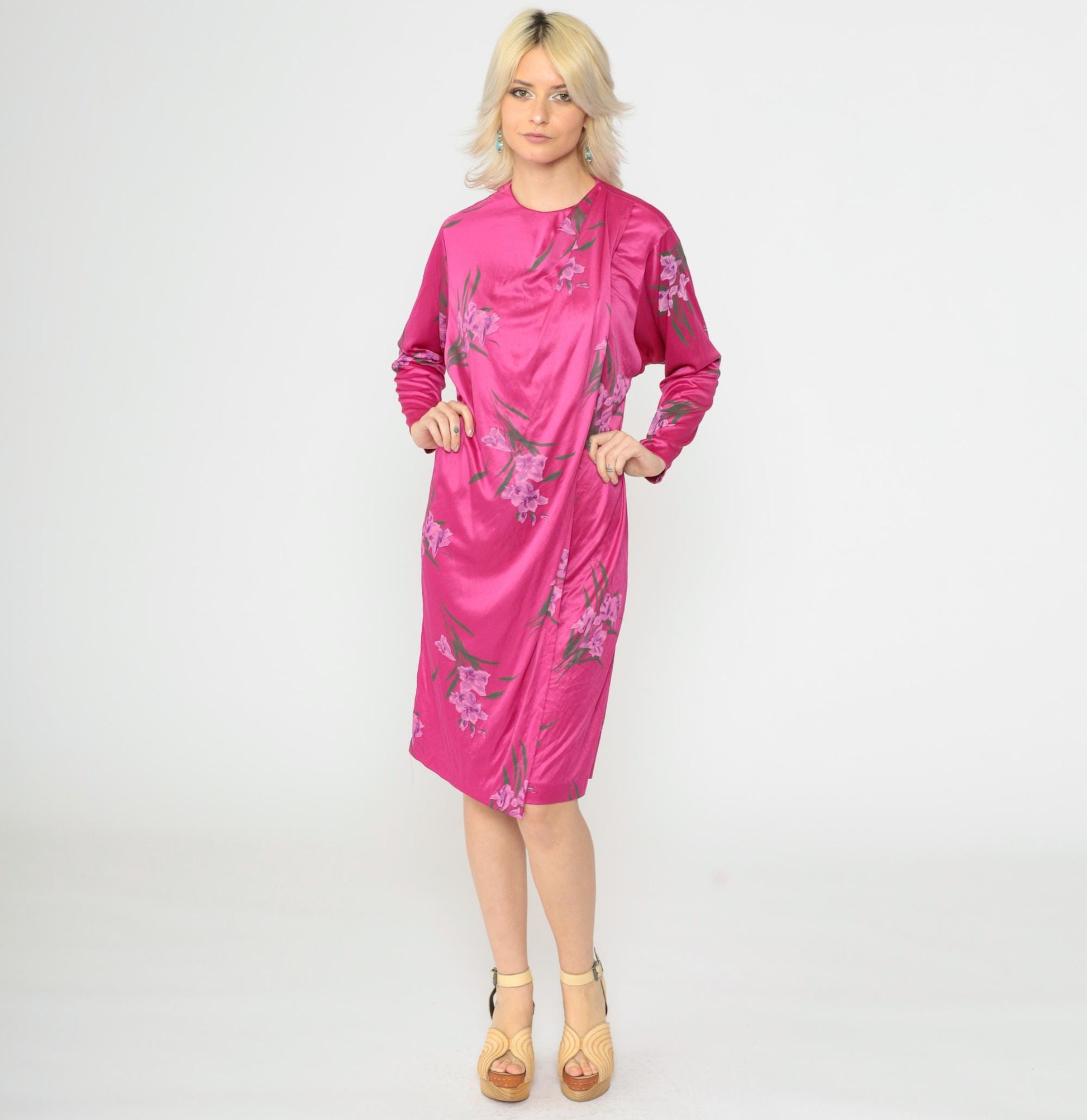 70s Floral Shift Dress Bright Pink Tropical Print Long Sleeve Midi Medium