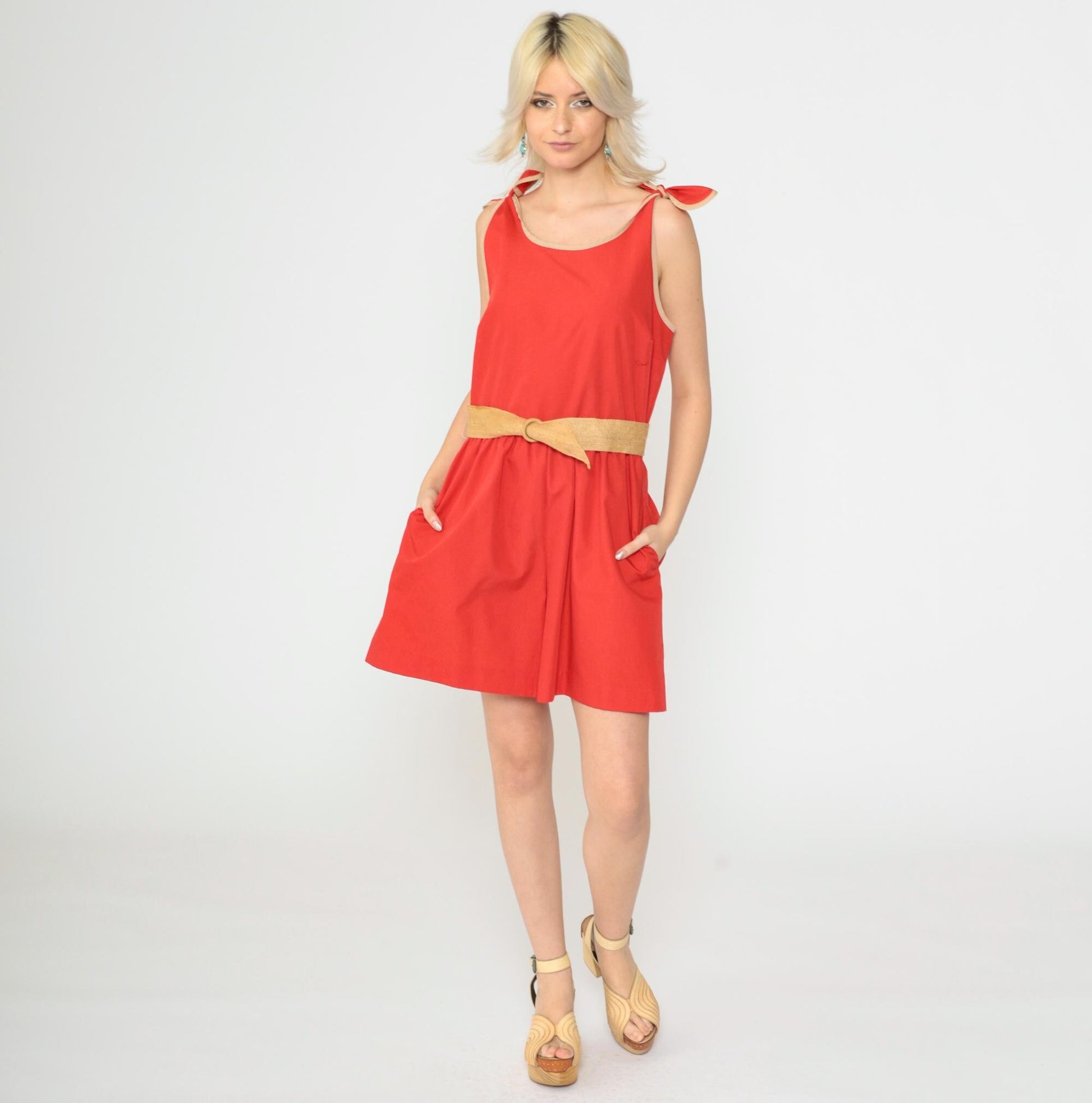 80s Red Ringer Romper Playsuit Tie Shoulder High Waist Sleeveless Medium