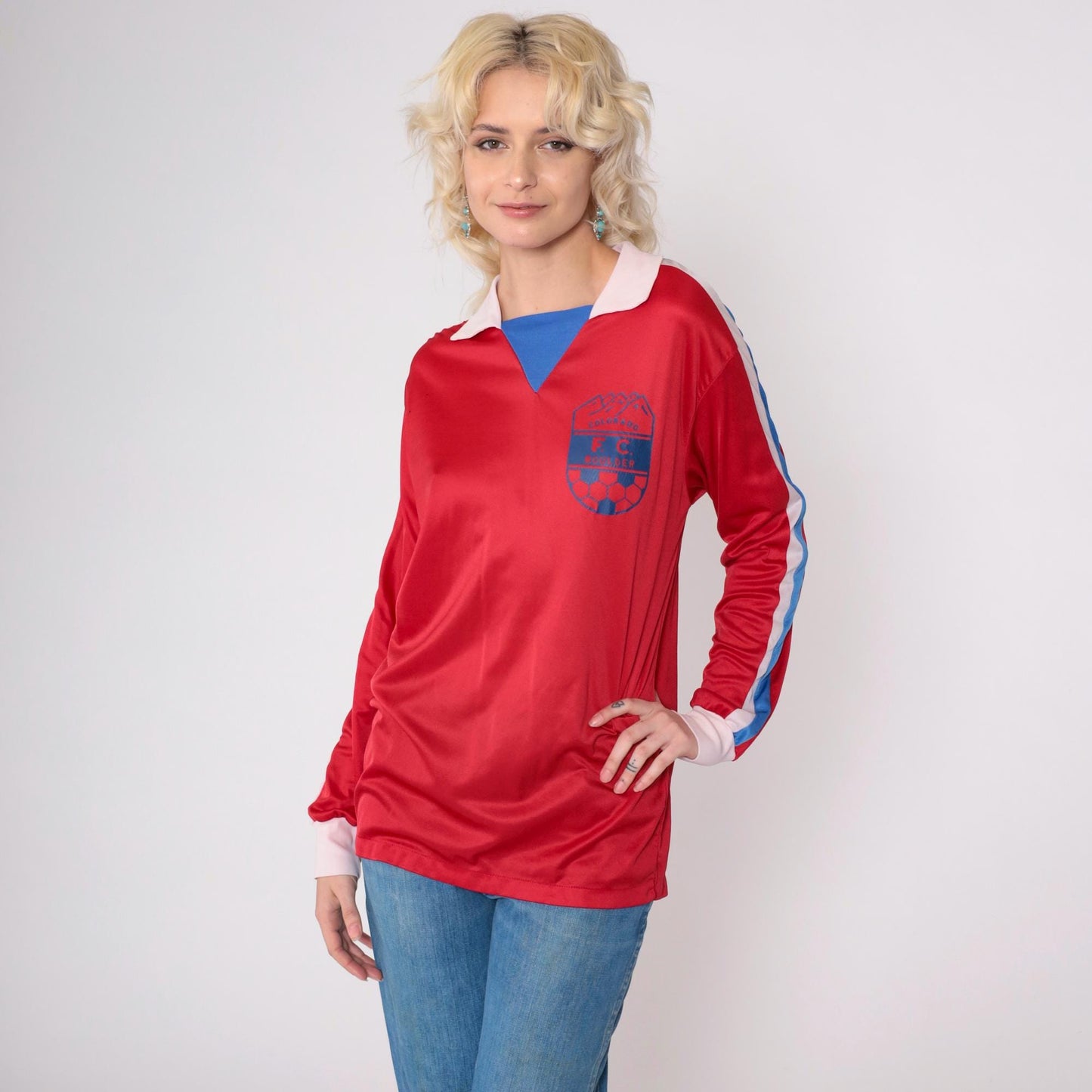 80s Colorado FC Boulder Soccer Jersey Red Blue Striped Long Sleeve Medium