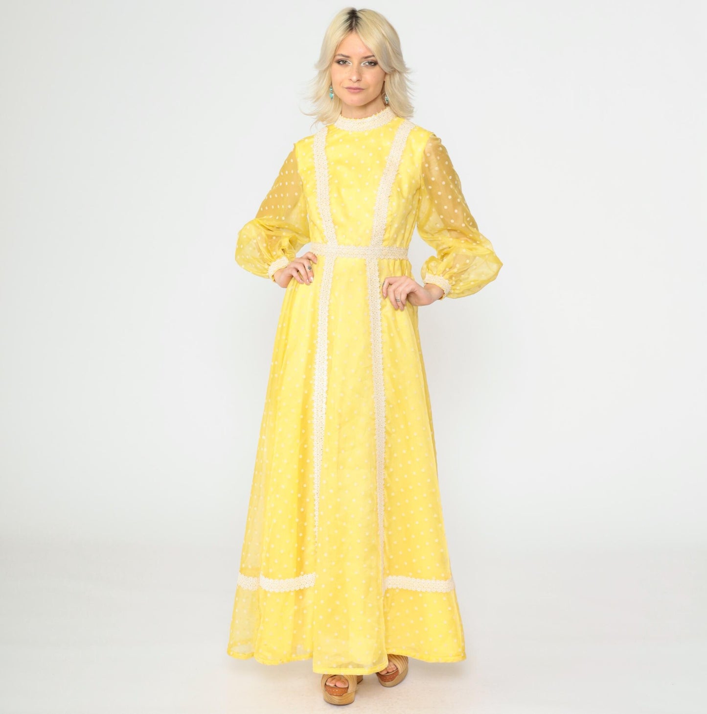 70s Yellow Polka Dot Organza Maxi Dress Balloon Sleeve Lace Trim Extra Small