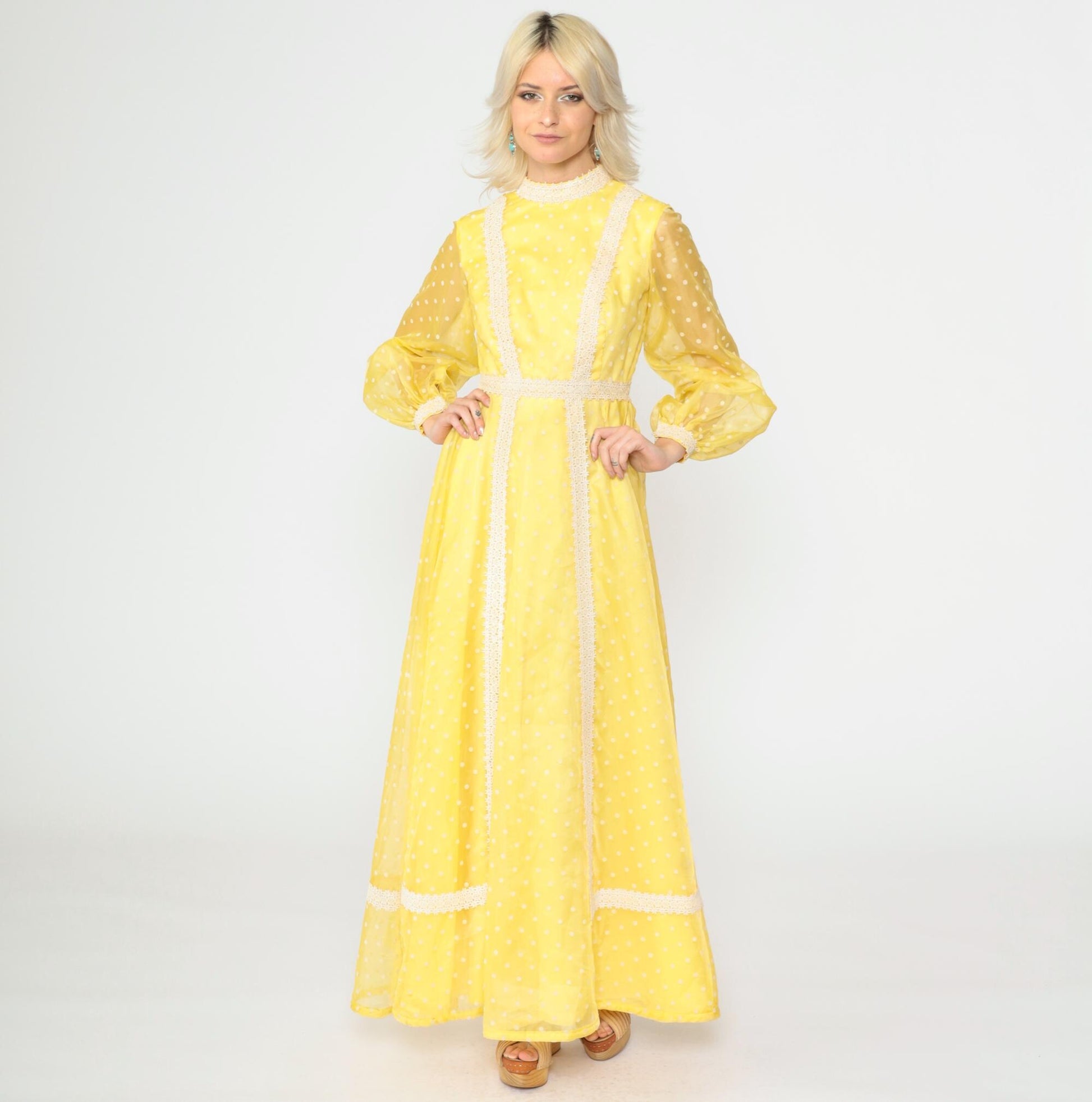 70s Yellow Polka Dot Organza Maxi Dress Balloon Sleeve Lace Trim Extra Small