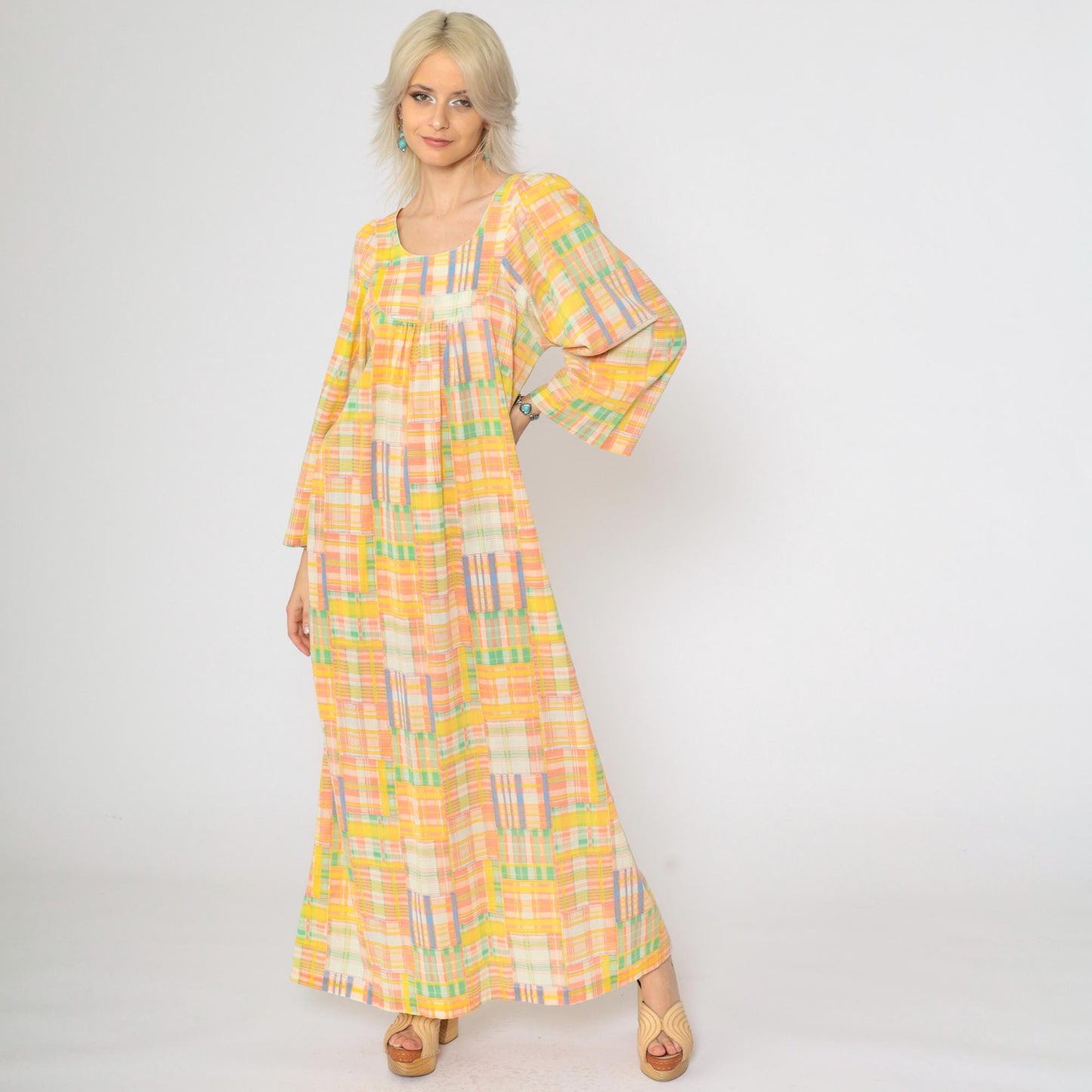 70s Patchwork Plaid Caftan Maxi Dress Wide Sleeve Yellow Peach Small