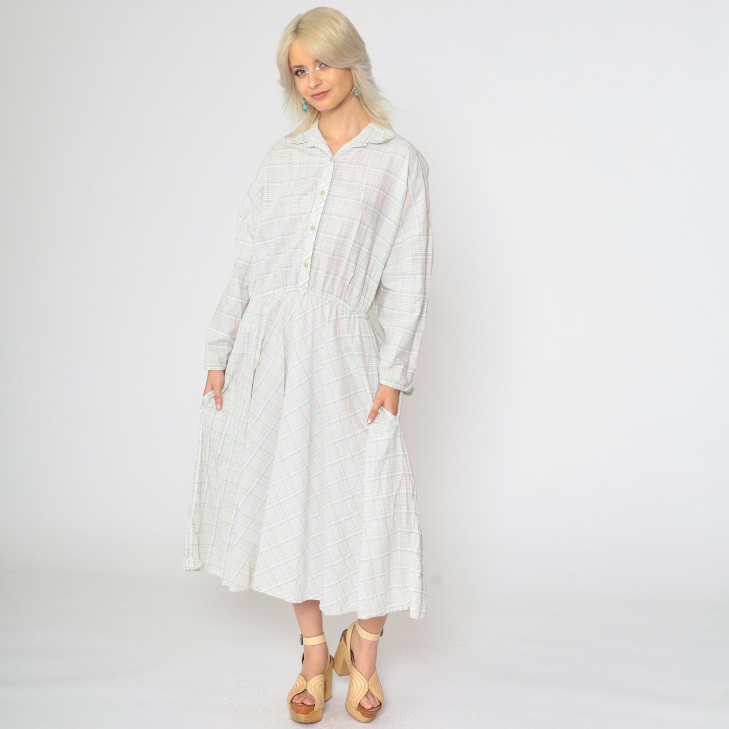 80s American Shirt Dress Plaid Midi Button-Up White Tan Aqua Cotton Medium Large