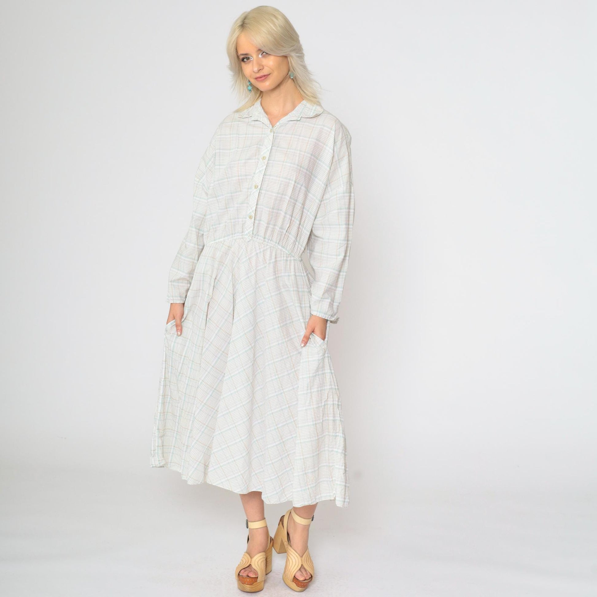 80s American Shirt Dress Plaid Midi Button-Up White Tan Aqua Cotton Medium Large
