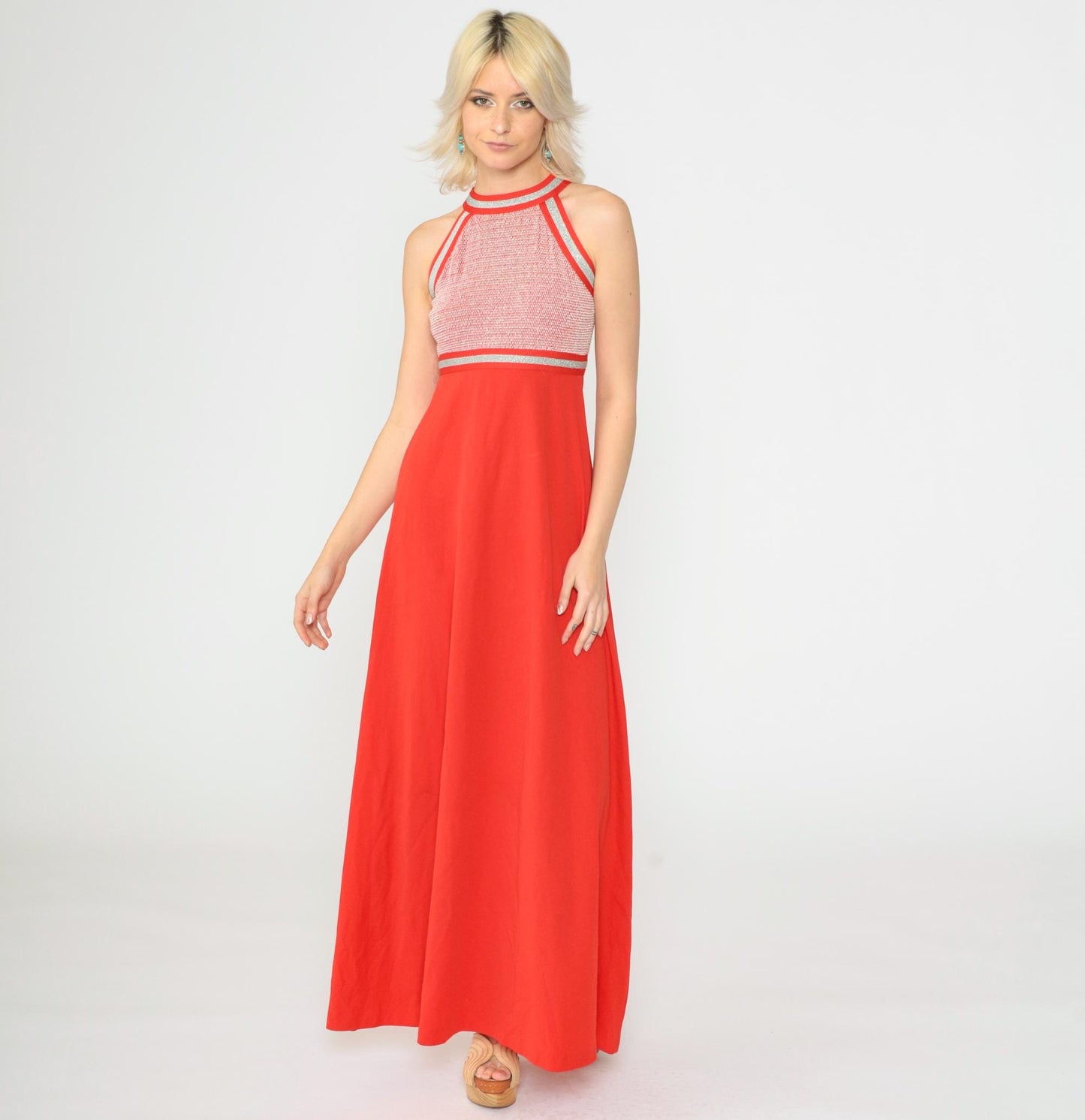 70s Red Metallic Halter Maxi Dress Empire Waist Racerback Extra Small