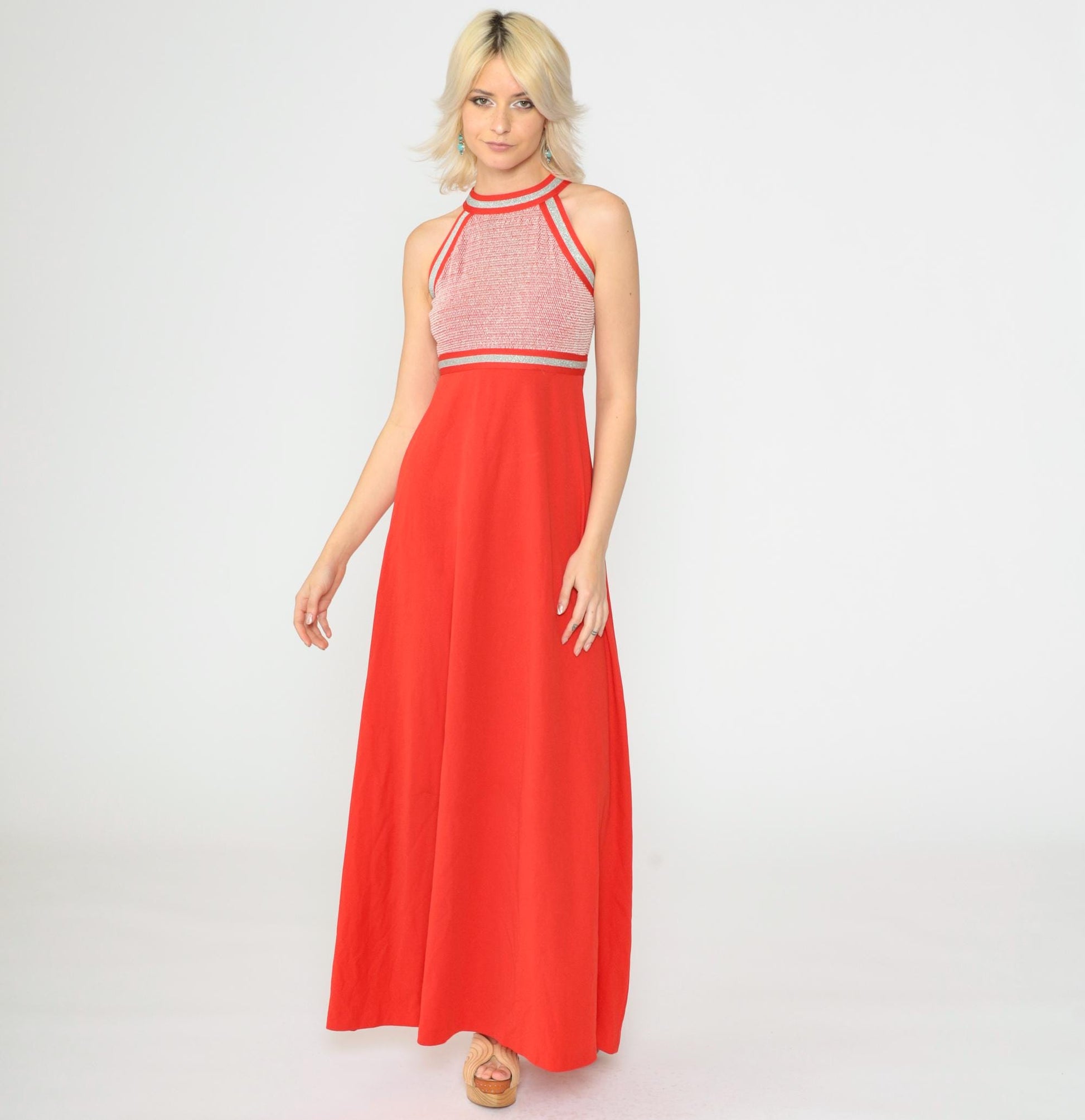 70s Red Metallic Halter Maxi Dress Empire Waist Racerback Extra Small