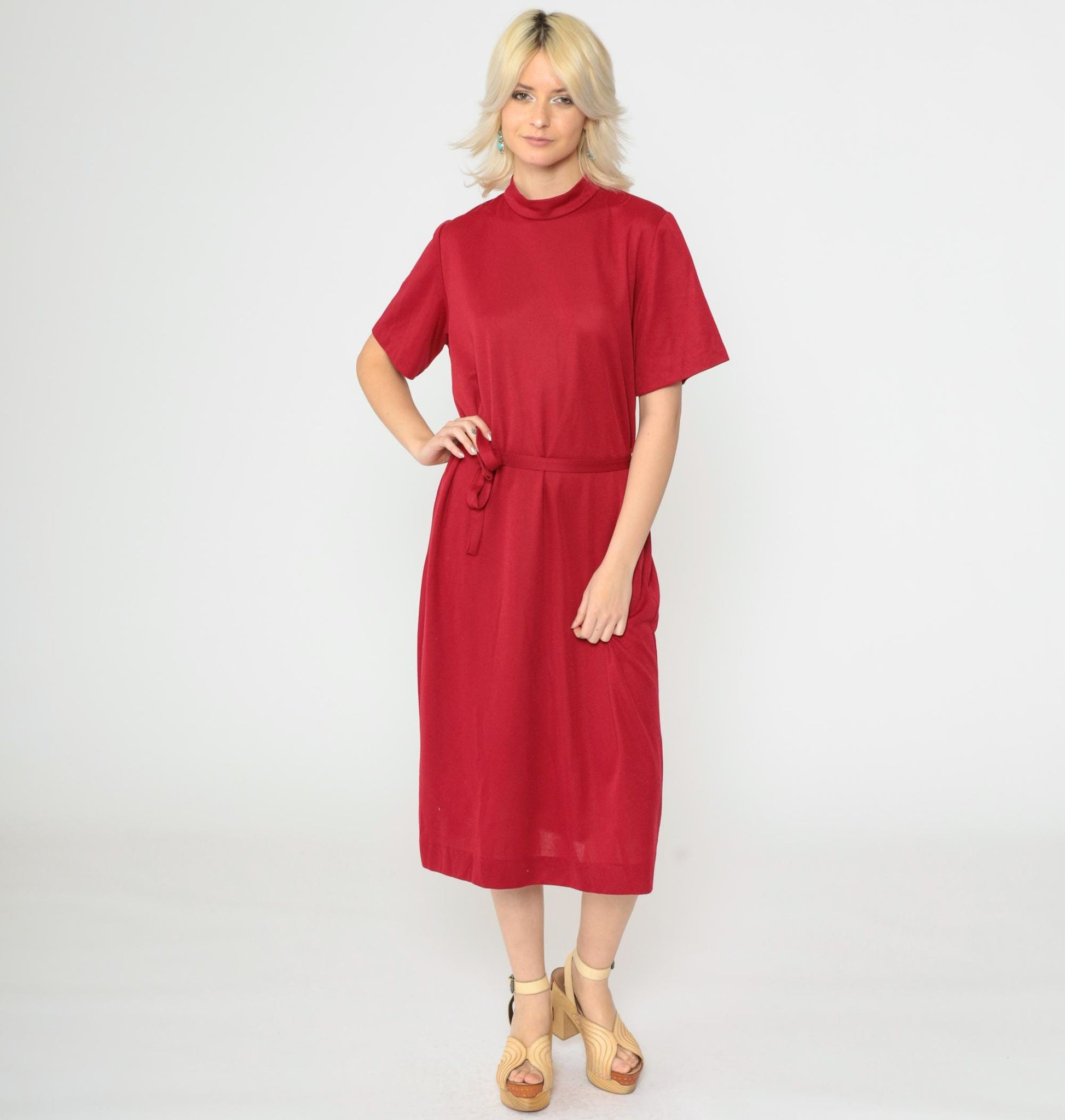 70s Dark Red Shift Dress Mock Neck Midi Short Sleeve Belted Medium