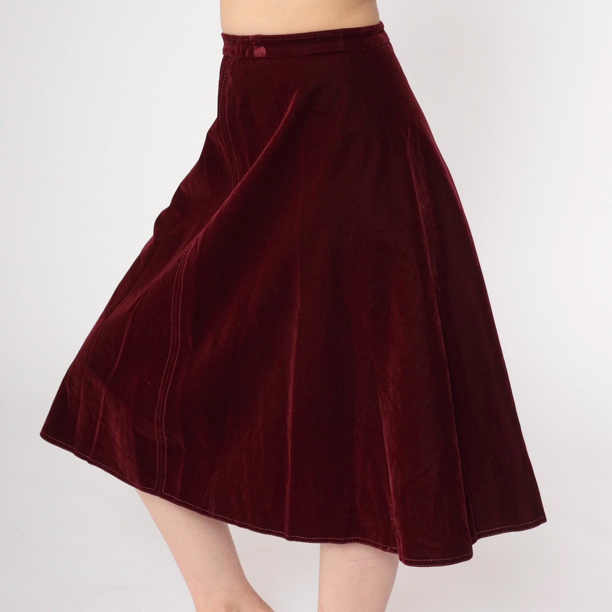 70s Burgundy Velvet Midi Skirt A-Line High Waisted Small
