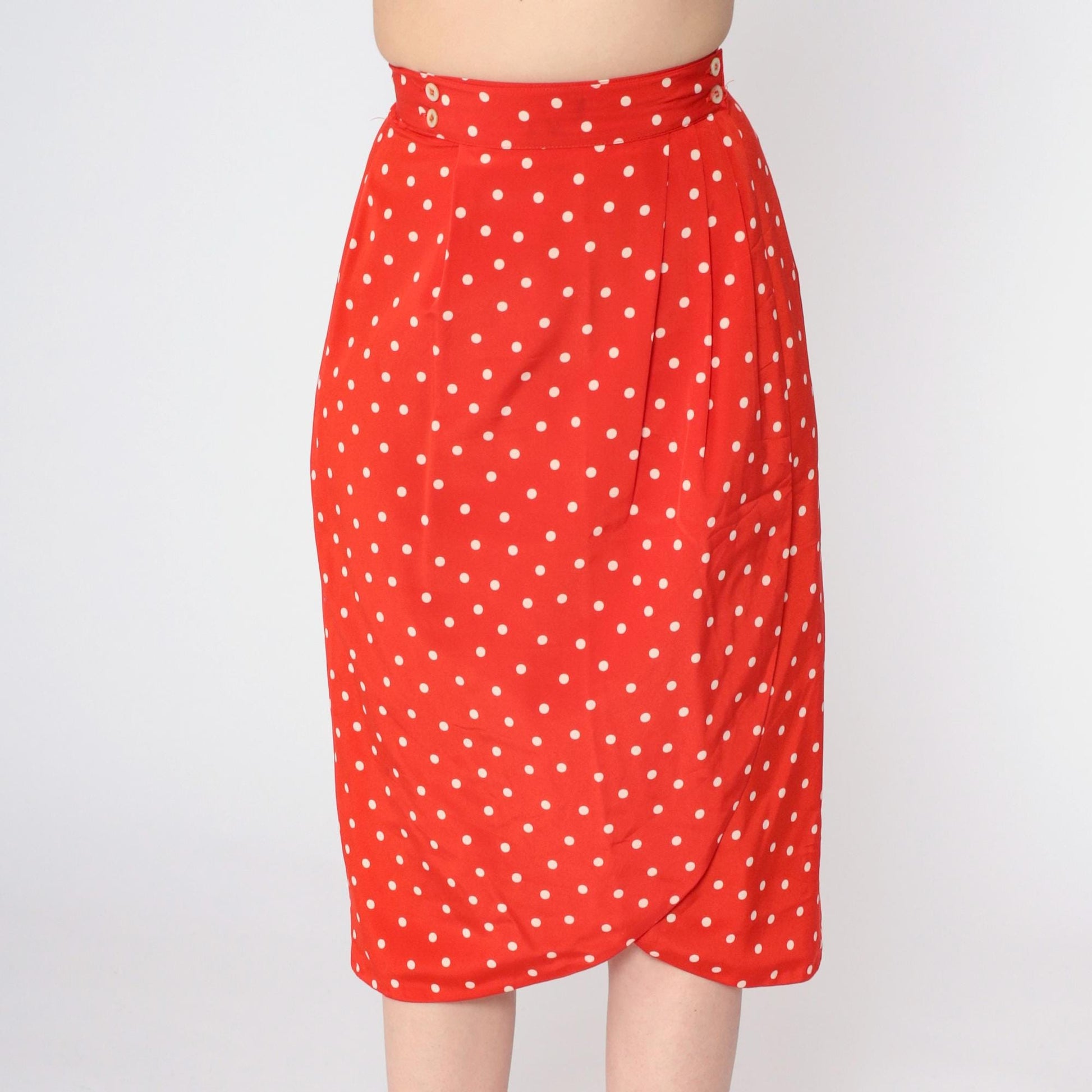 90s Liz Claiborne Polka Dot Tulip Wrap Midi Skirt Red Extra Small
