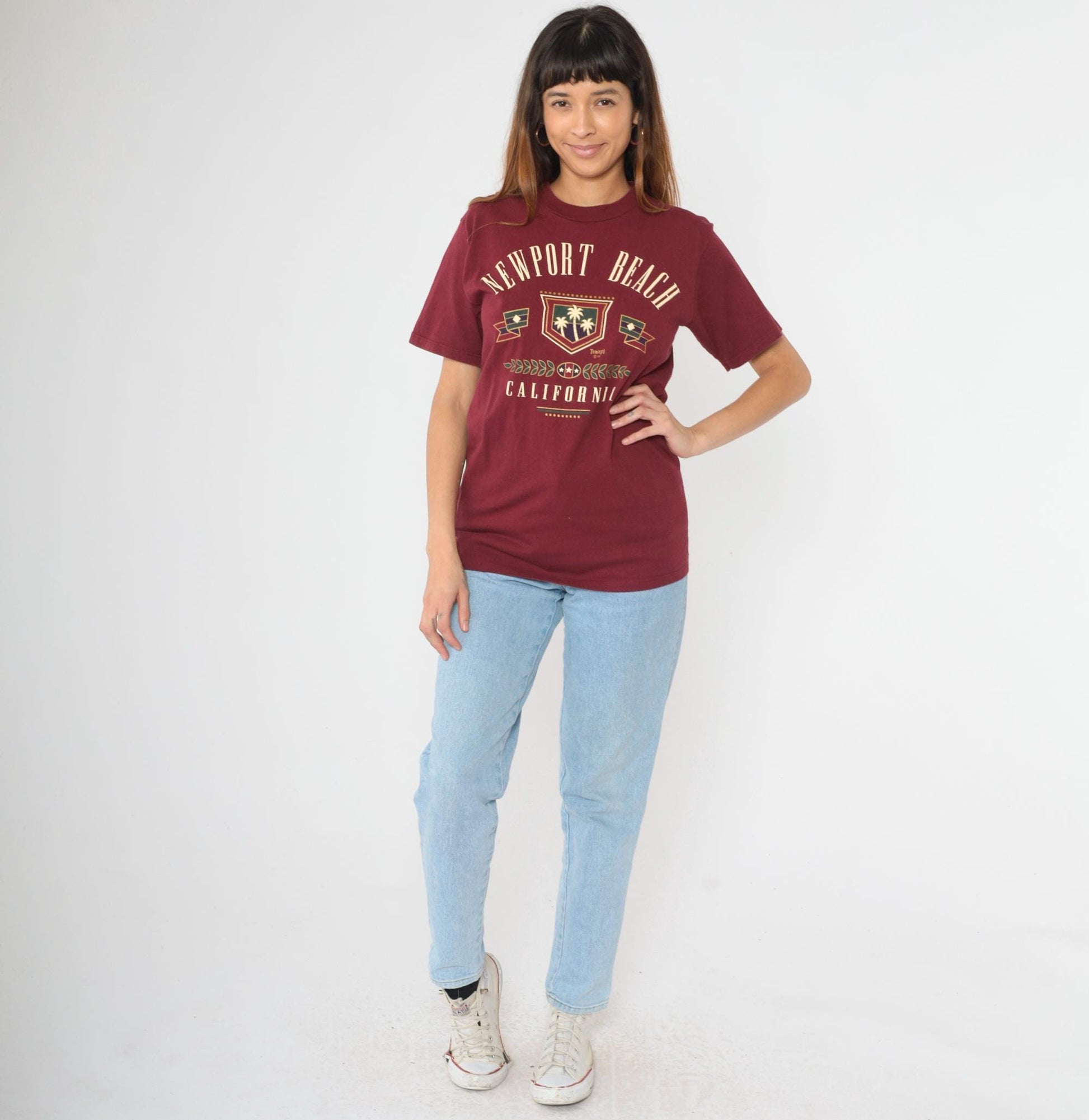 90s Newport Beach California Graphic Tee Burgundy Cotton Medium
