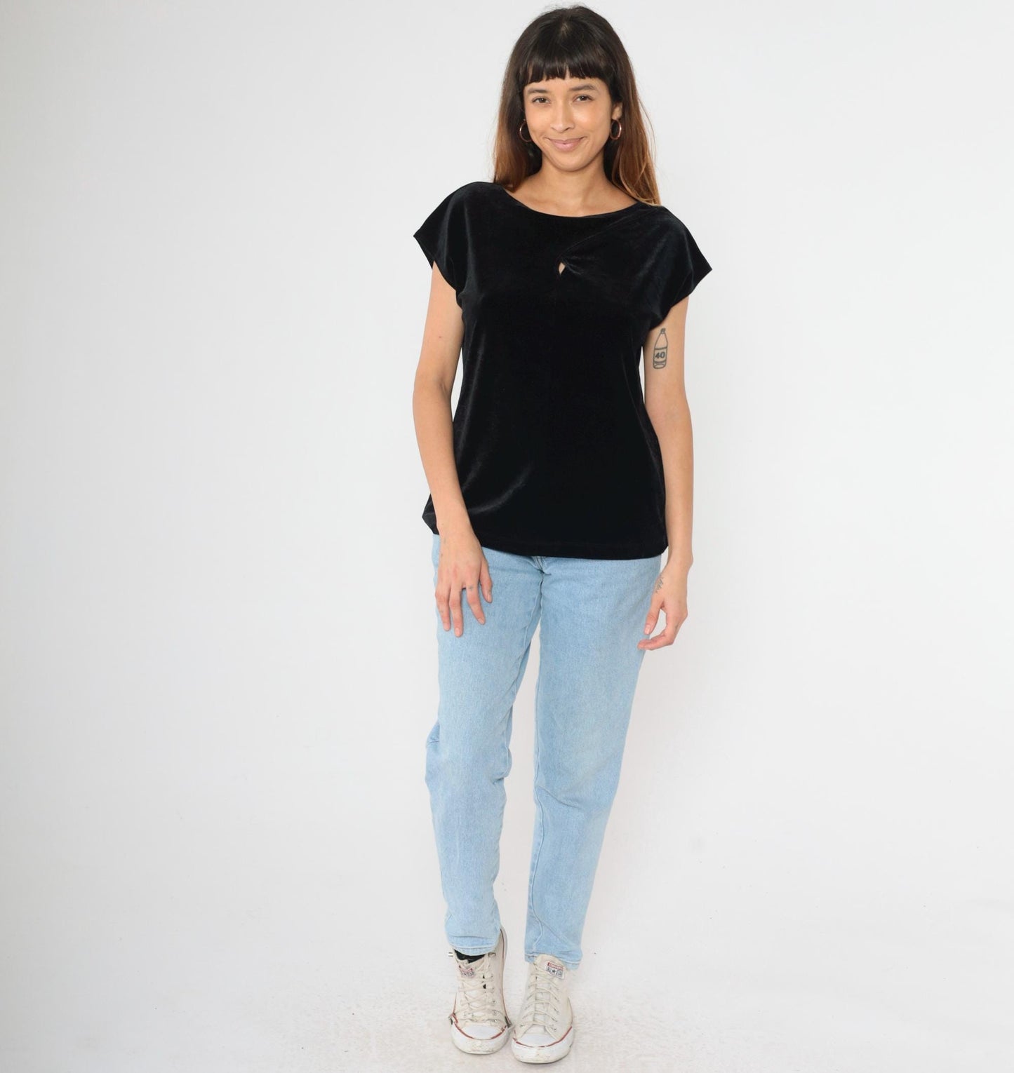 Y2K Black Velvet Keyhole Cutout Blouse Short Sleeve Chico's Top Extra Small