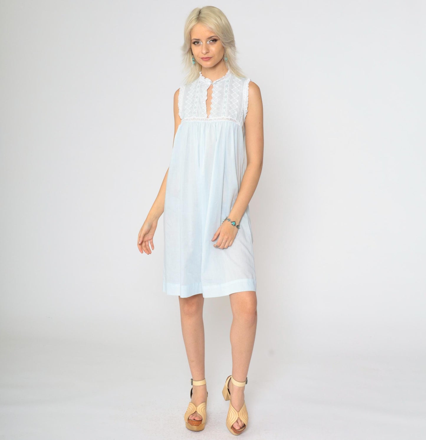 80s Christian Dior Baby Blue Floral Embroidered Nightgown Mini Sleeveless Small