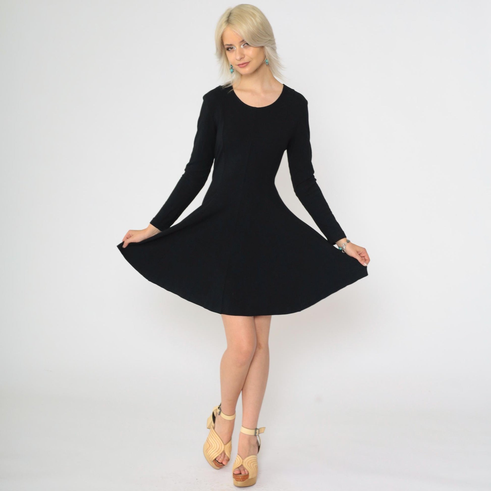 90s Norma Kamali Black Mini Dress Lace-Up Back Long Sleeve Scoop Neck Small Medium