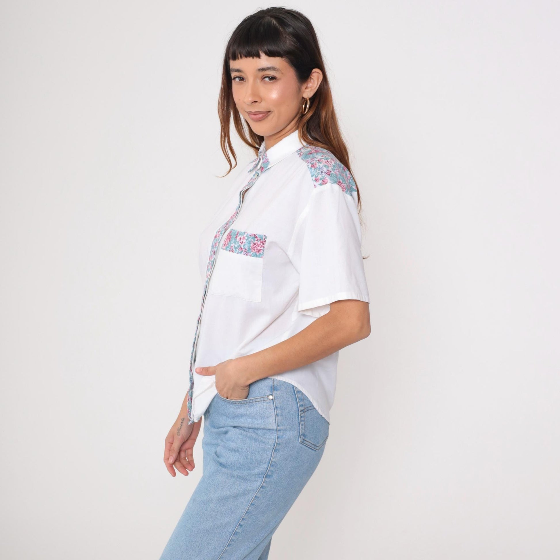 90s Fritzi Petites White Floral Button-Up Blouse Short Sleeve Medium