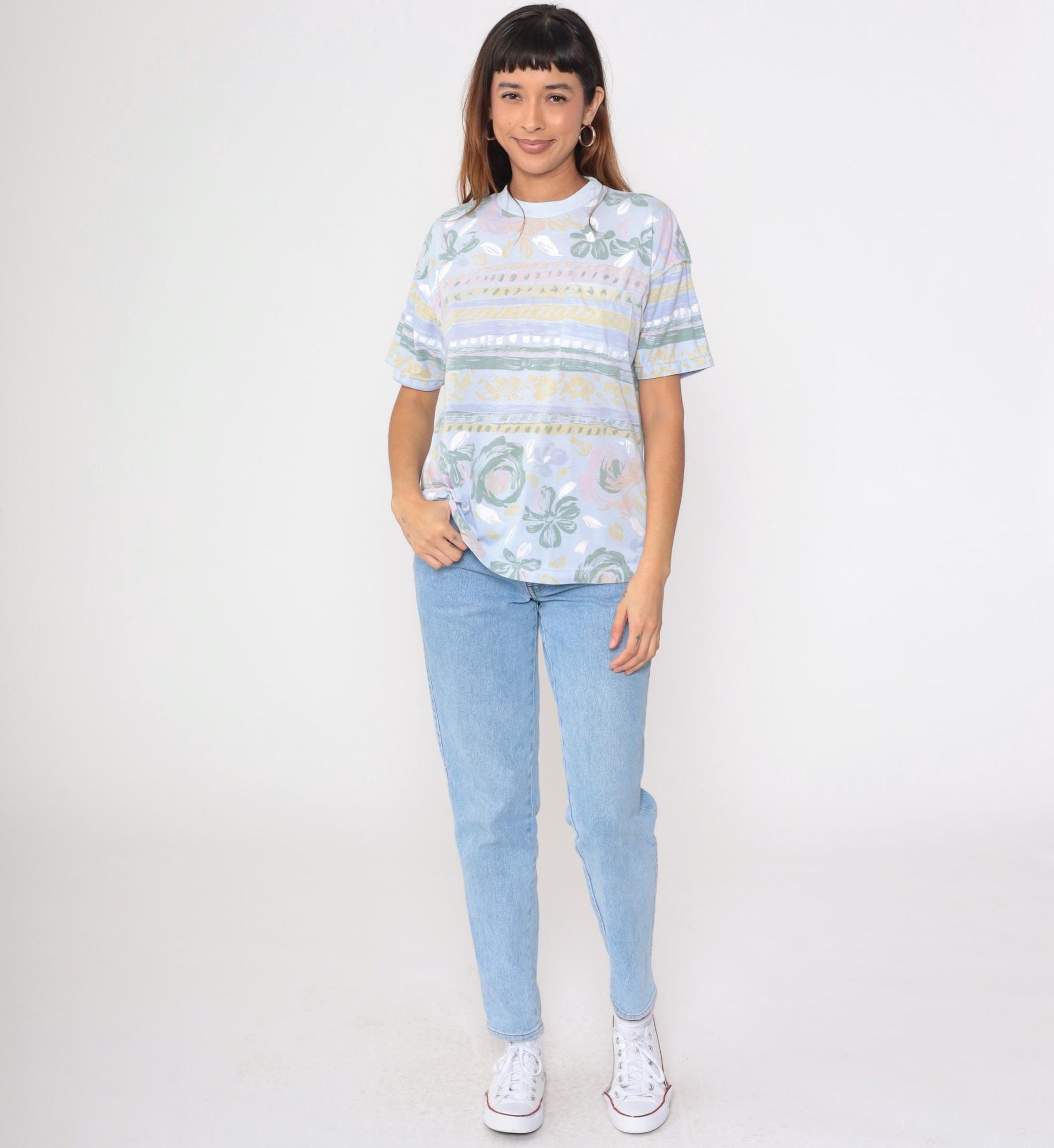 90s Floral Ringer Tee Pastel Blue Striped Graphic T-Shirt Large L