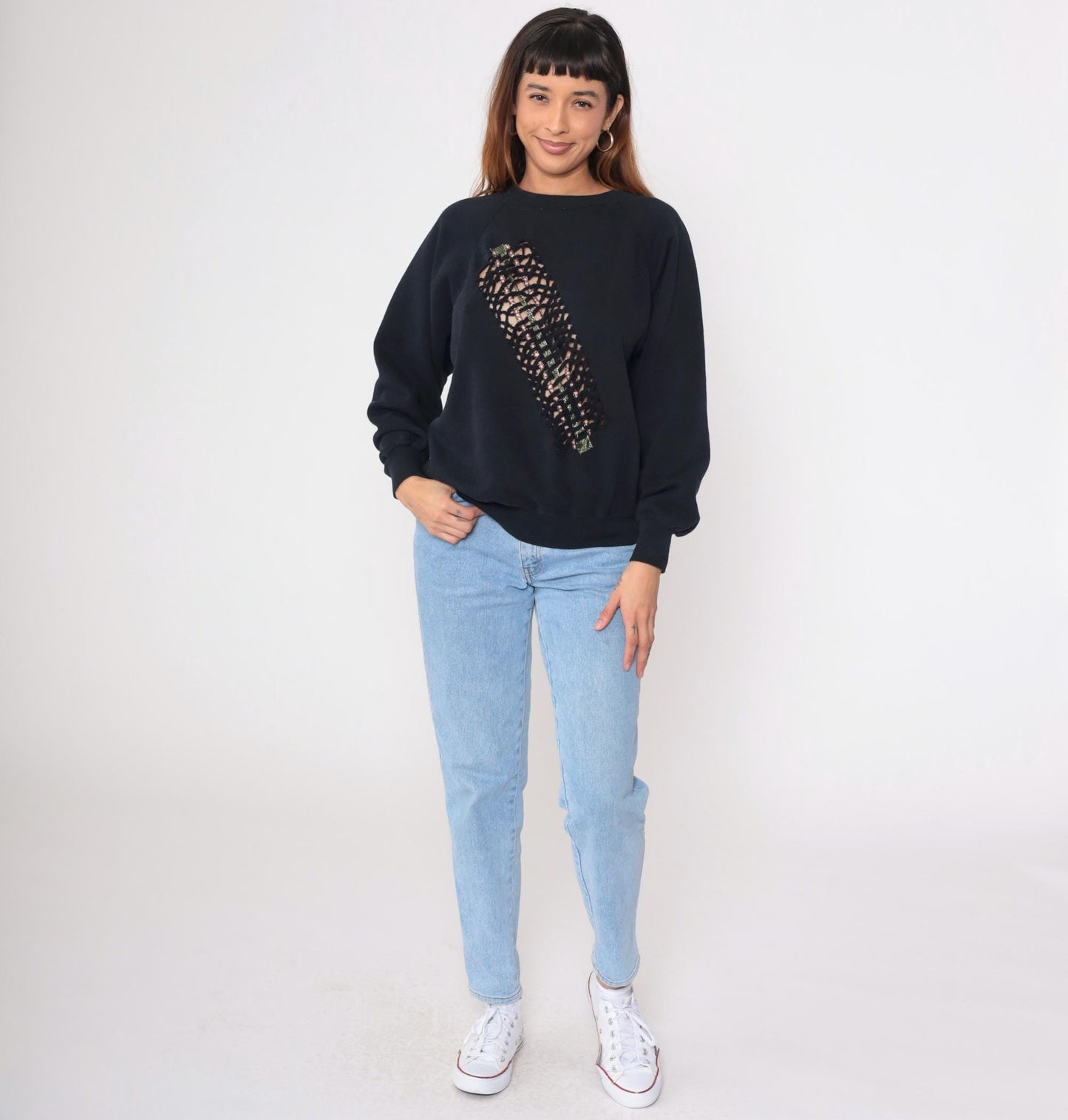 90s Black Sweatshirt Cutout Metallic Trim Raglan Crewneck Large